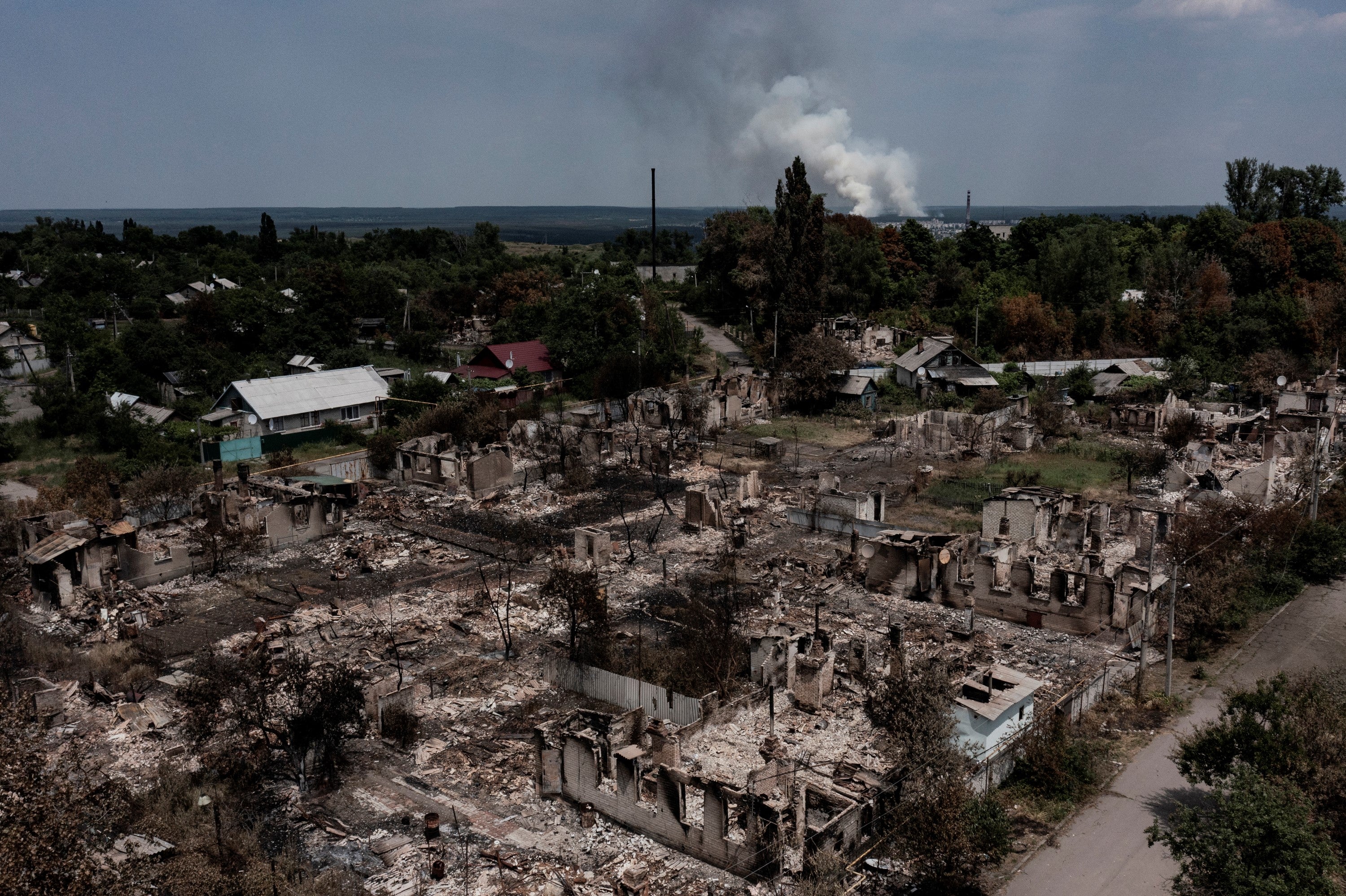 The destruction caused by an air strike in the Donbas town of Pryvillya in June