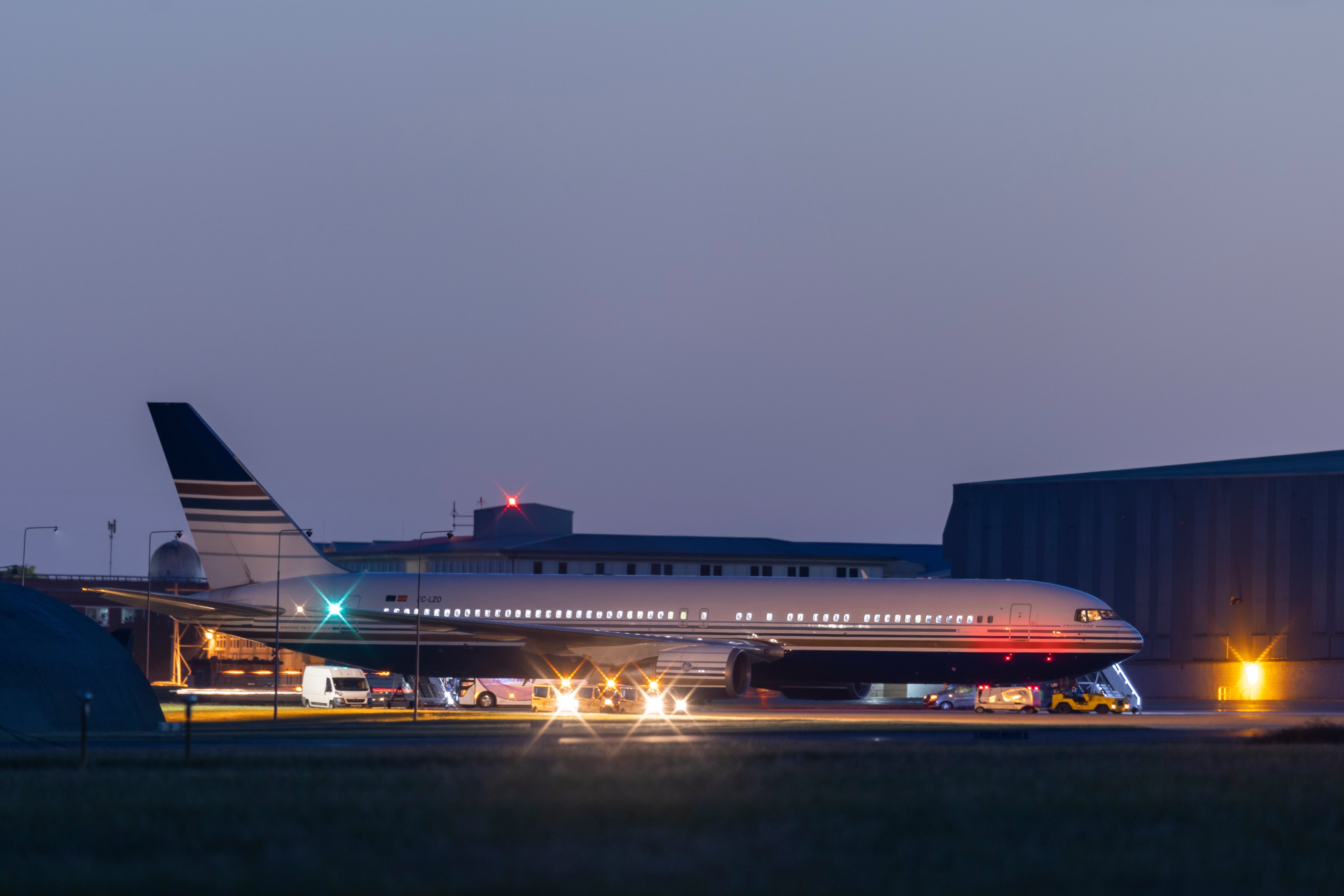 A Boeing 767 that was scheduled to depart for Rwanda stands grounded at Boscombe Down airbase on 14 June 2022 following the last-minute intervention of the European Court of Human Rights