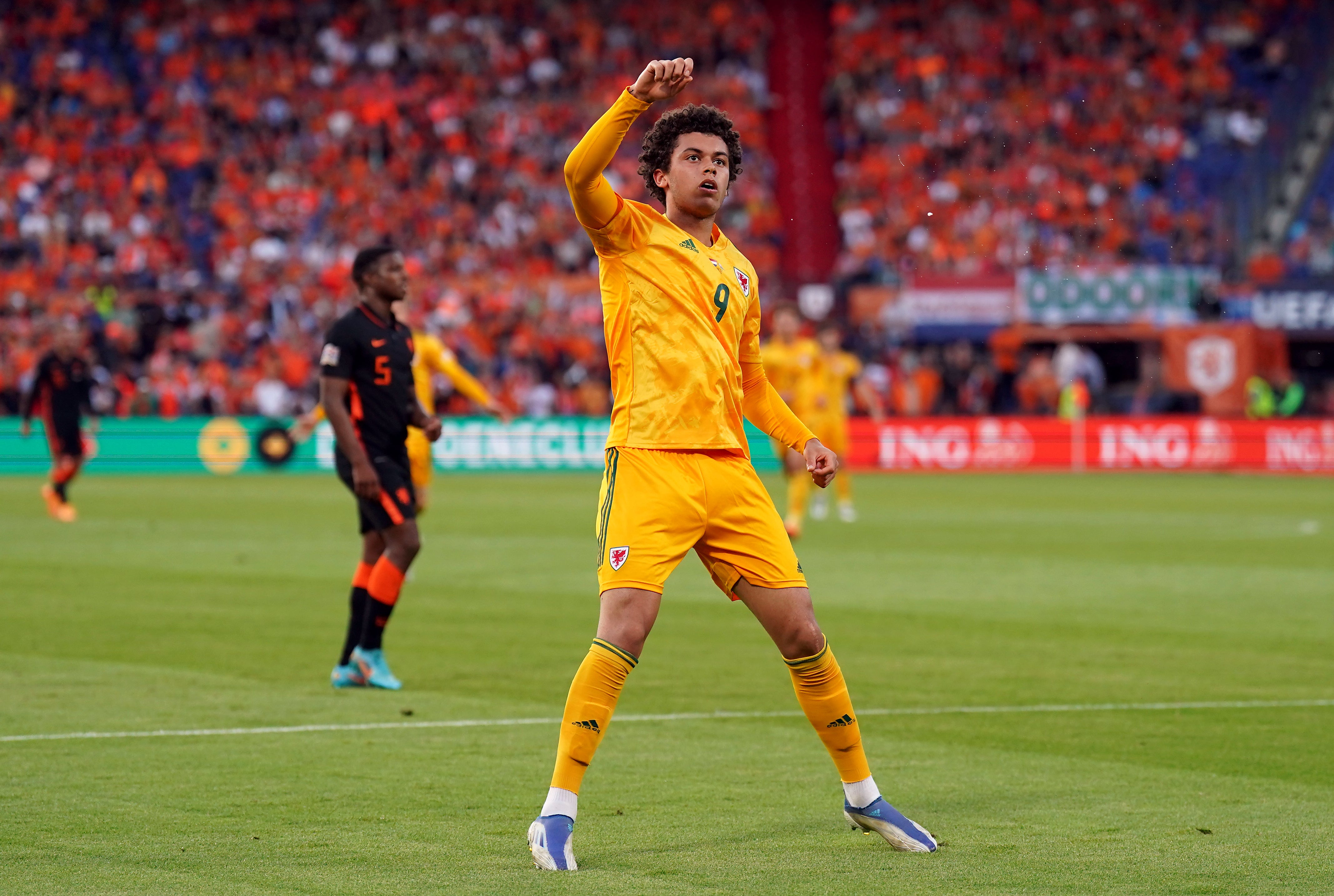 Brennan Johnson celebrates scoring for Wales against Holland in Rotterdam (Tim Goode/PA)