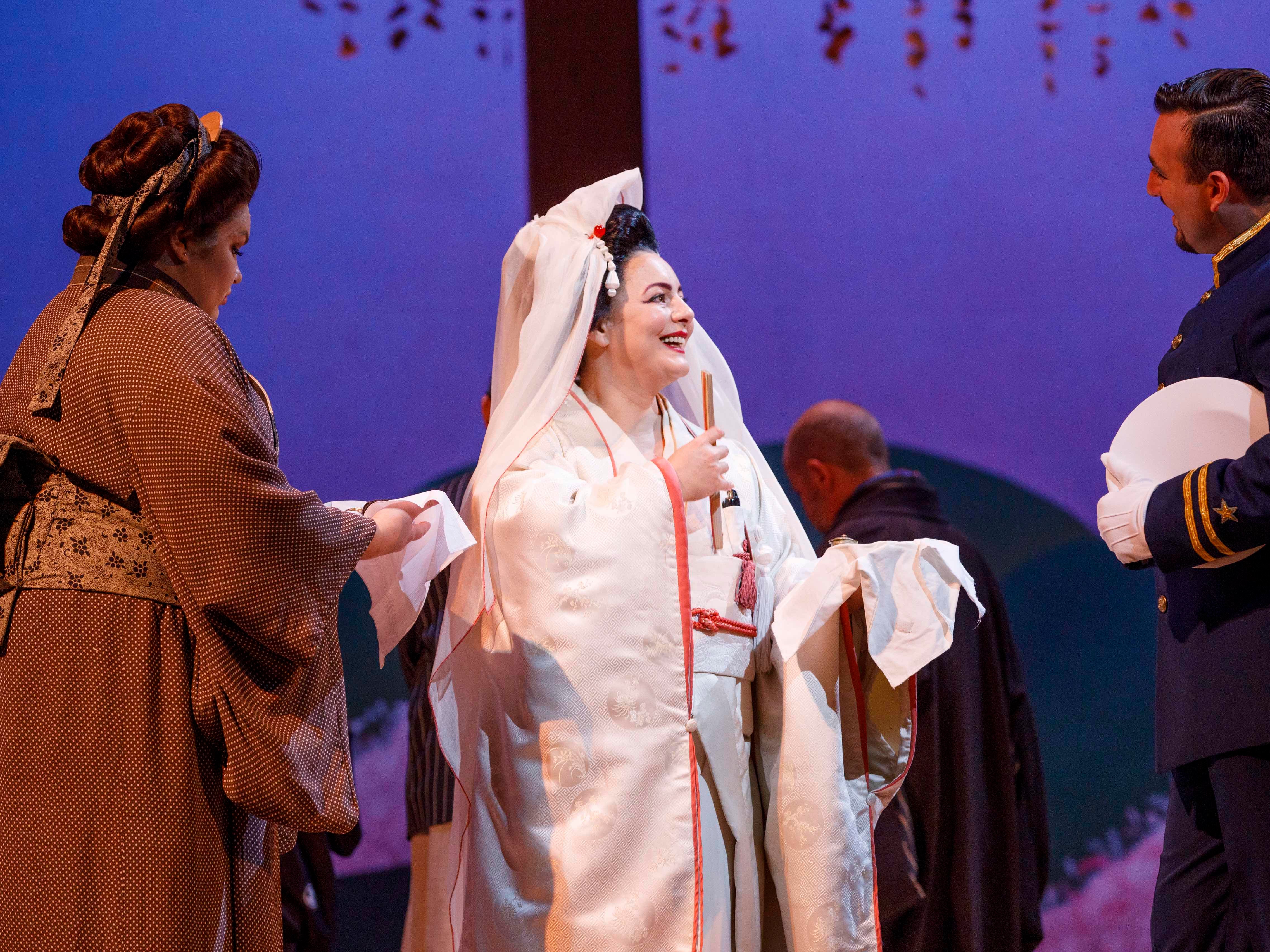 Kseniia Nikolaieva (Suzuki), Lianna Haroutounian (Cio-Sio-San) and Freddie De Tommaso (Lieutenant BF Pinkerton) in ‘Madama Butterfly’