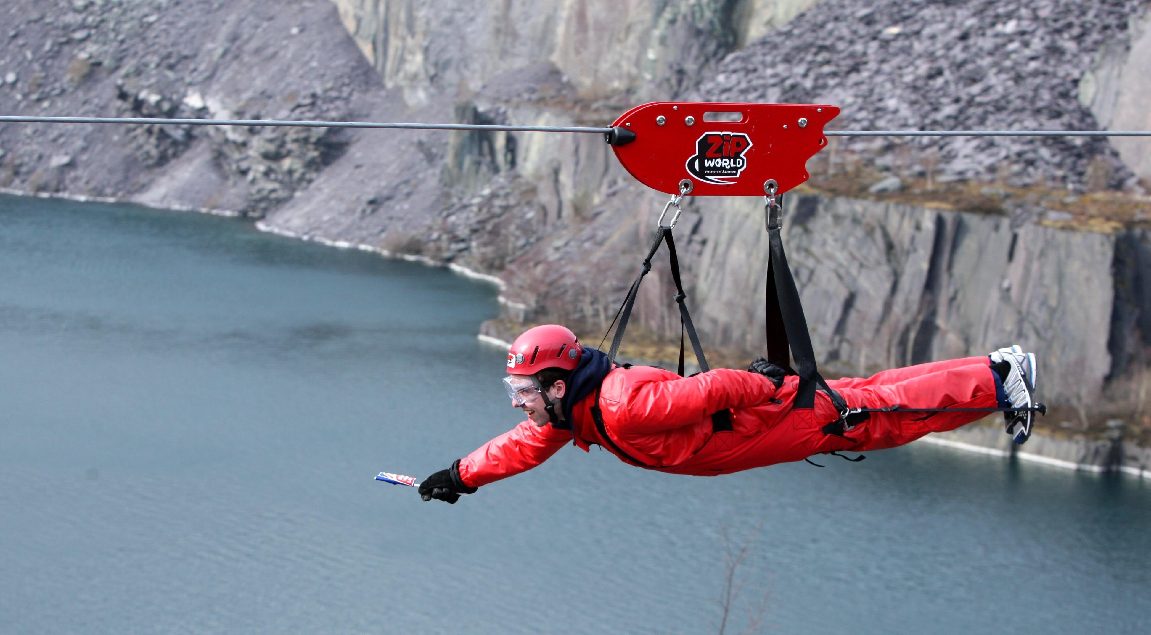 A man (name not given) goes down the zip wire at Zip World in Penrhyn Quarry, Bethesda, Bangor, North Wales.