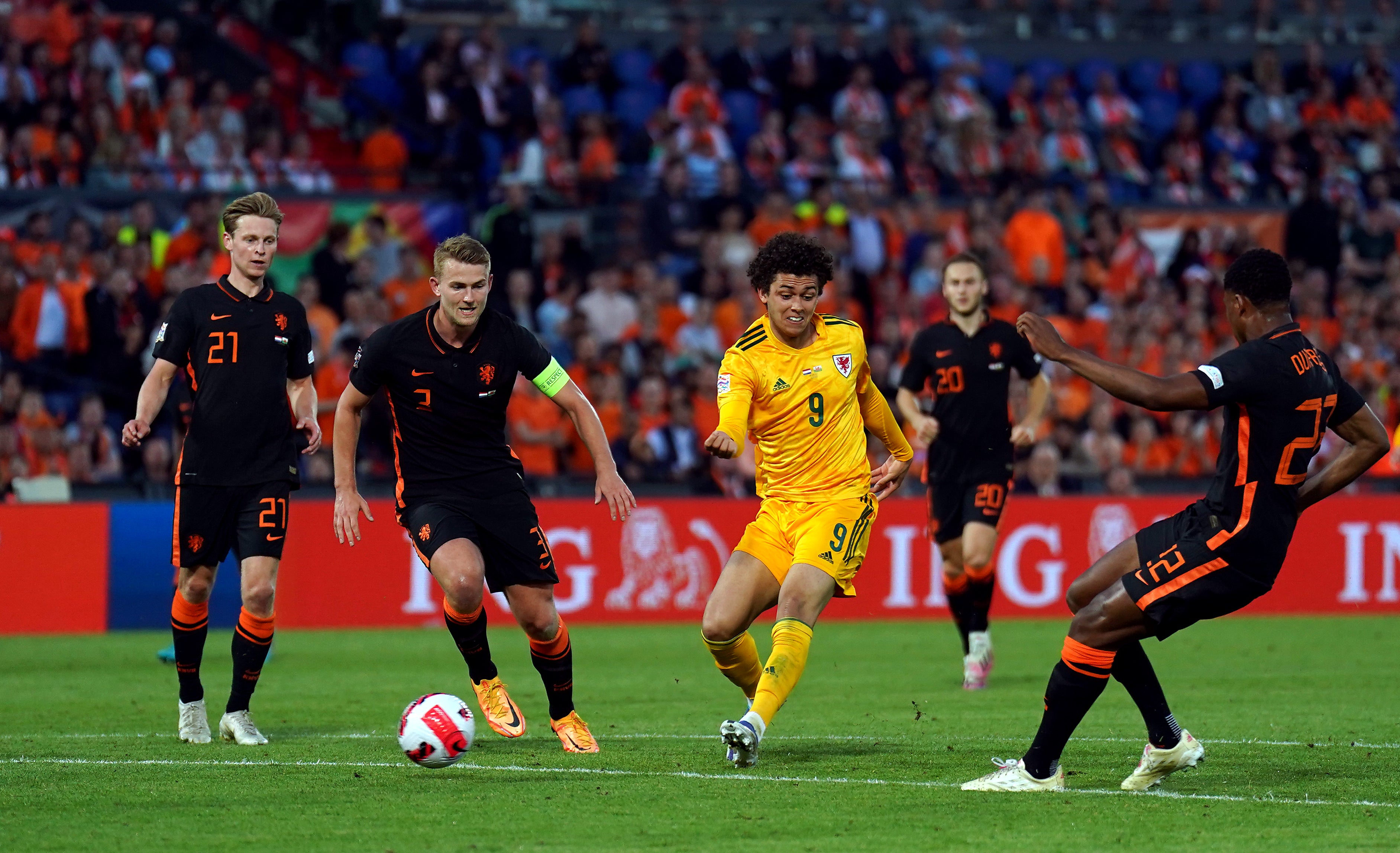 Brennan Johnson shoots for goal as Wales’ season ended with a 3-2 Nations League defeat to Holland in Rotterdam on Tuesday (Tim Goode/PA)