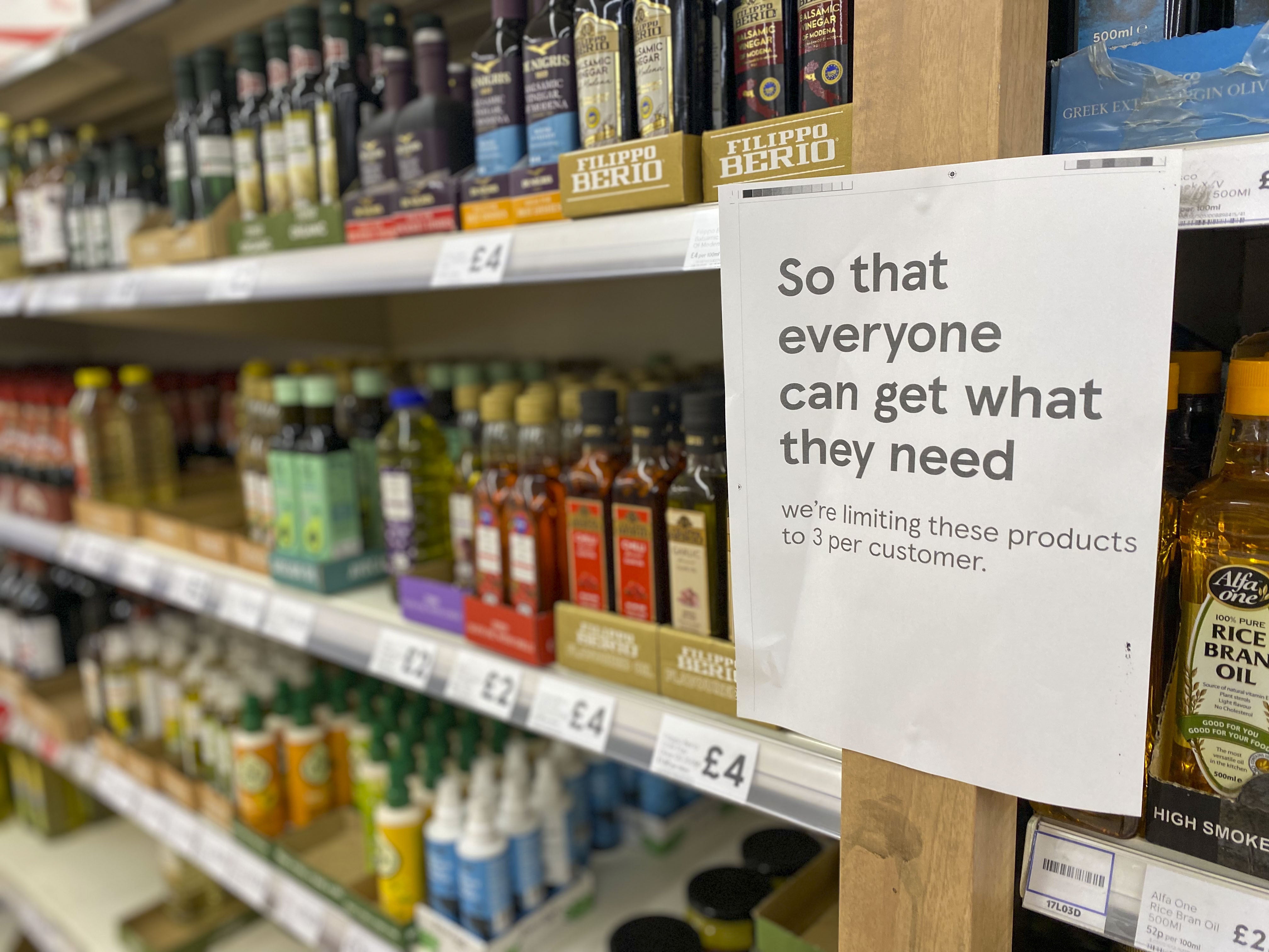 Cooking oil on shelves in a Tesco store in Ashford, Surrey (Steve Parsons/PA)