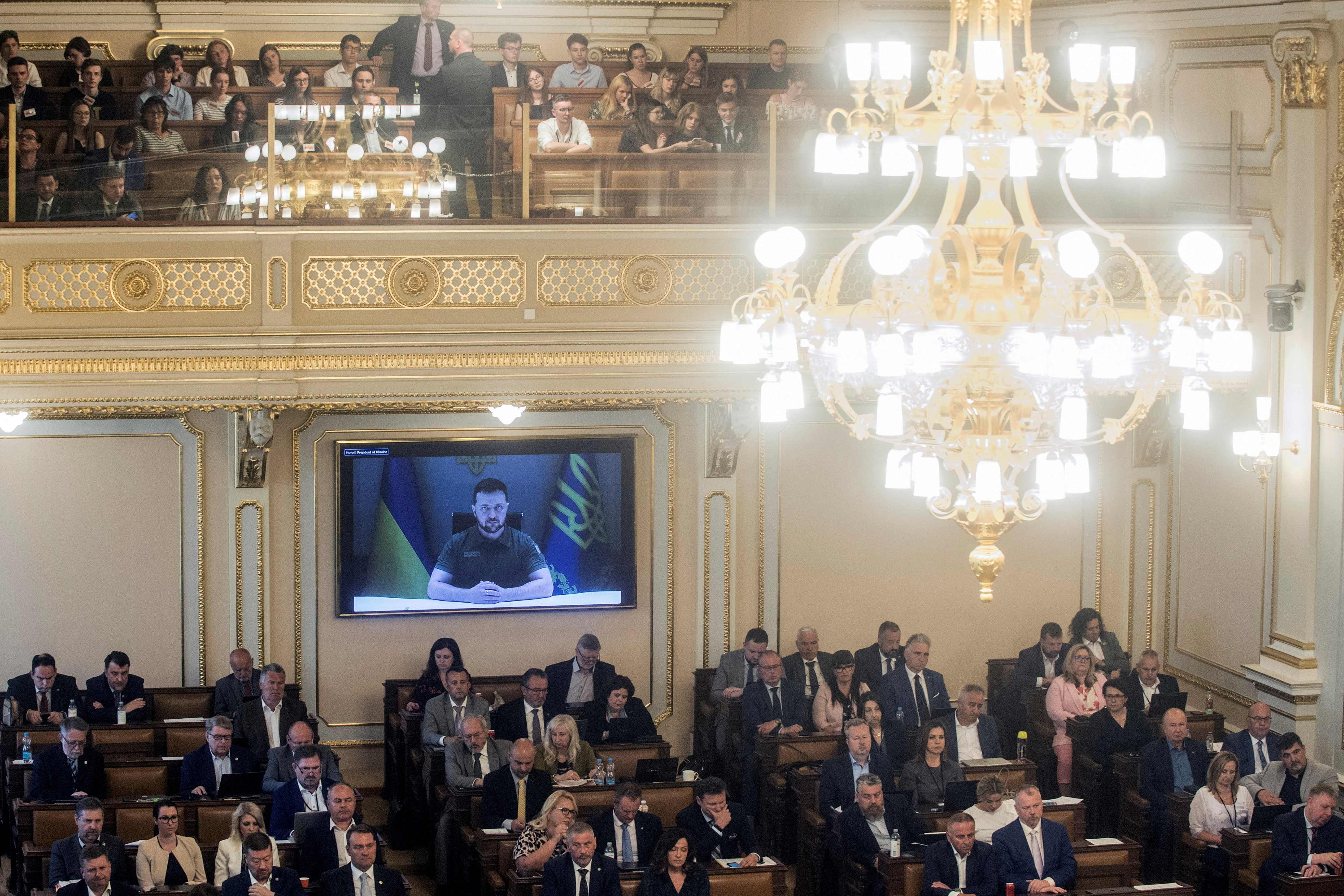 Ukrainian president Volodymyr Zelensky addresses members of both houses of the Czech parliament by video link on 15 June