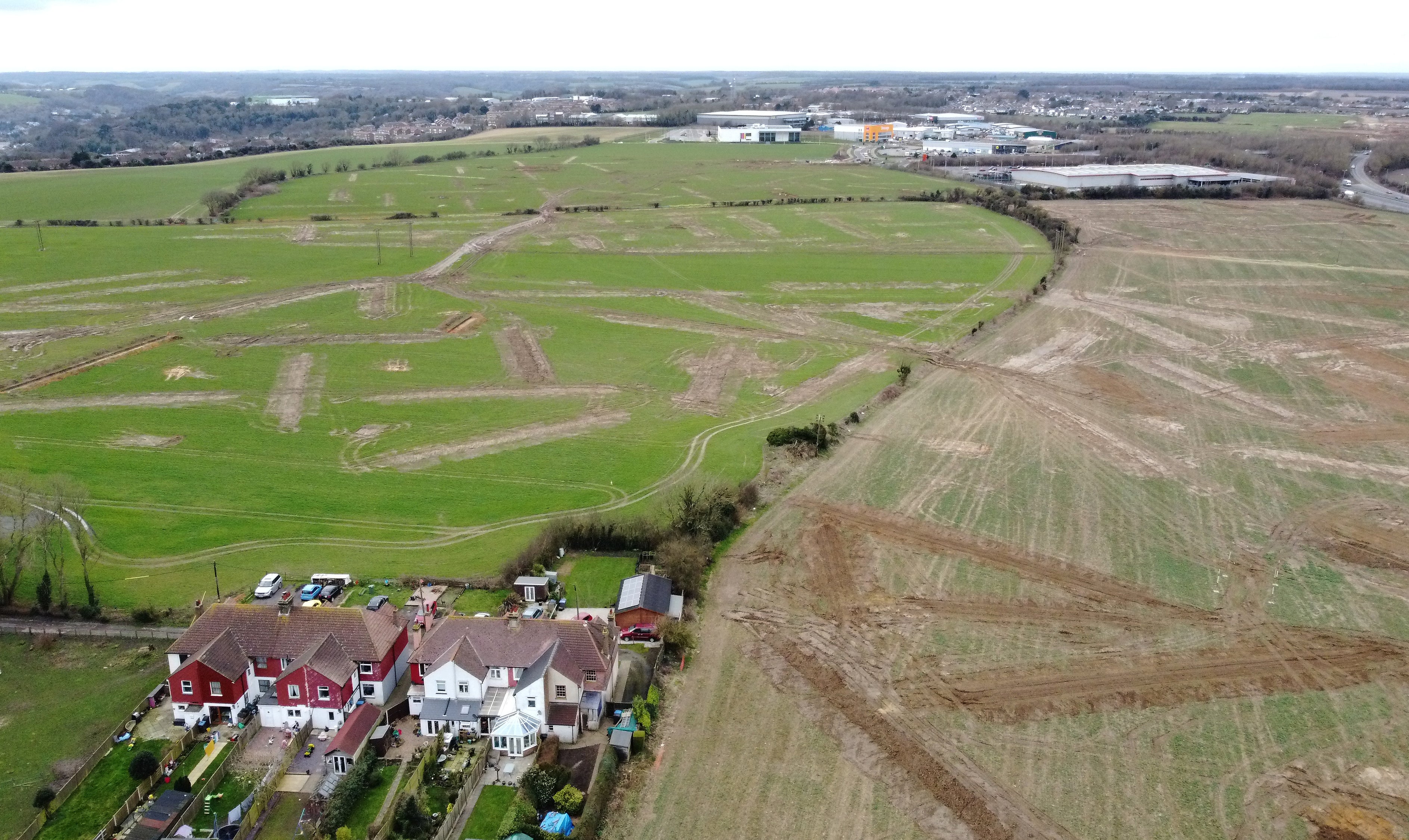 Aerial view of fields close to the village of Guston near Dover, Kent, where the Department of Transport has purchased the White Cliffs site with plans to turn it into an inland border facility and lorry park for 1,200 trucks (Gareth Fuller/PA Wire)