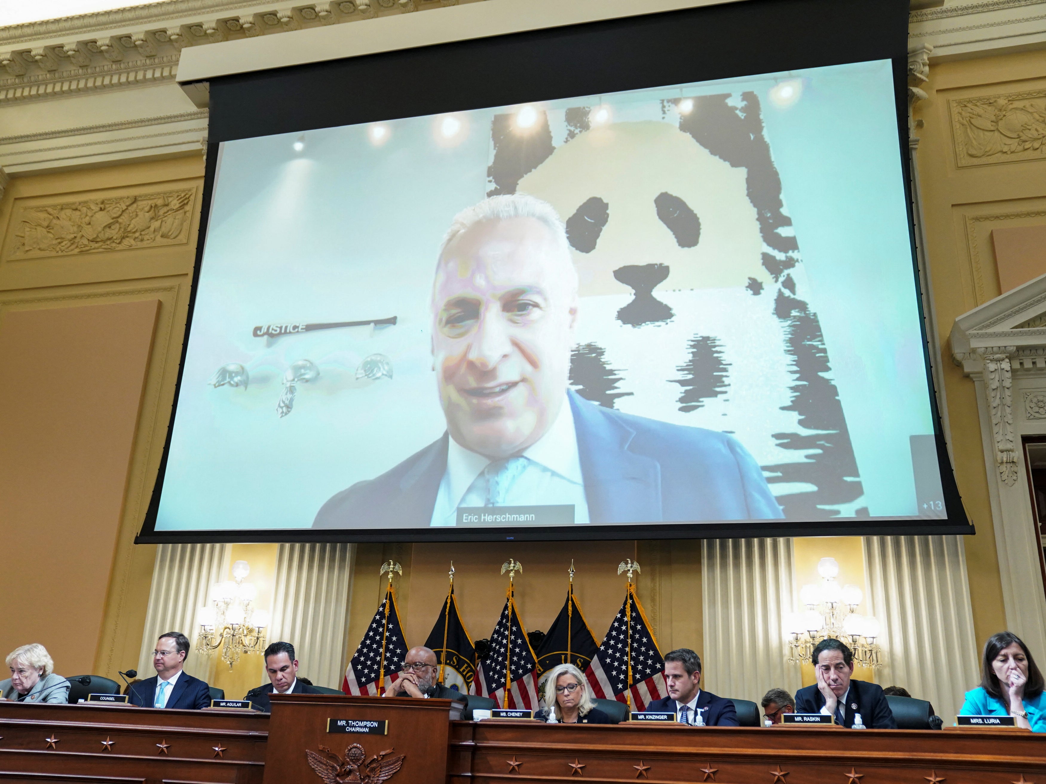 Former White House lawyer Eric Herschmann is seen displayed on screen during the third of eight planned public hearings of the U.S. House Select Committee to investigate the January 6 Attack