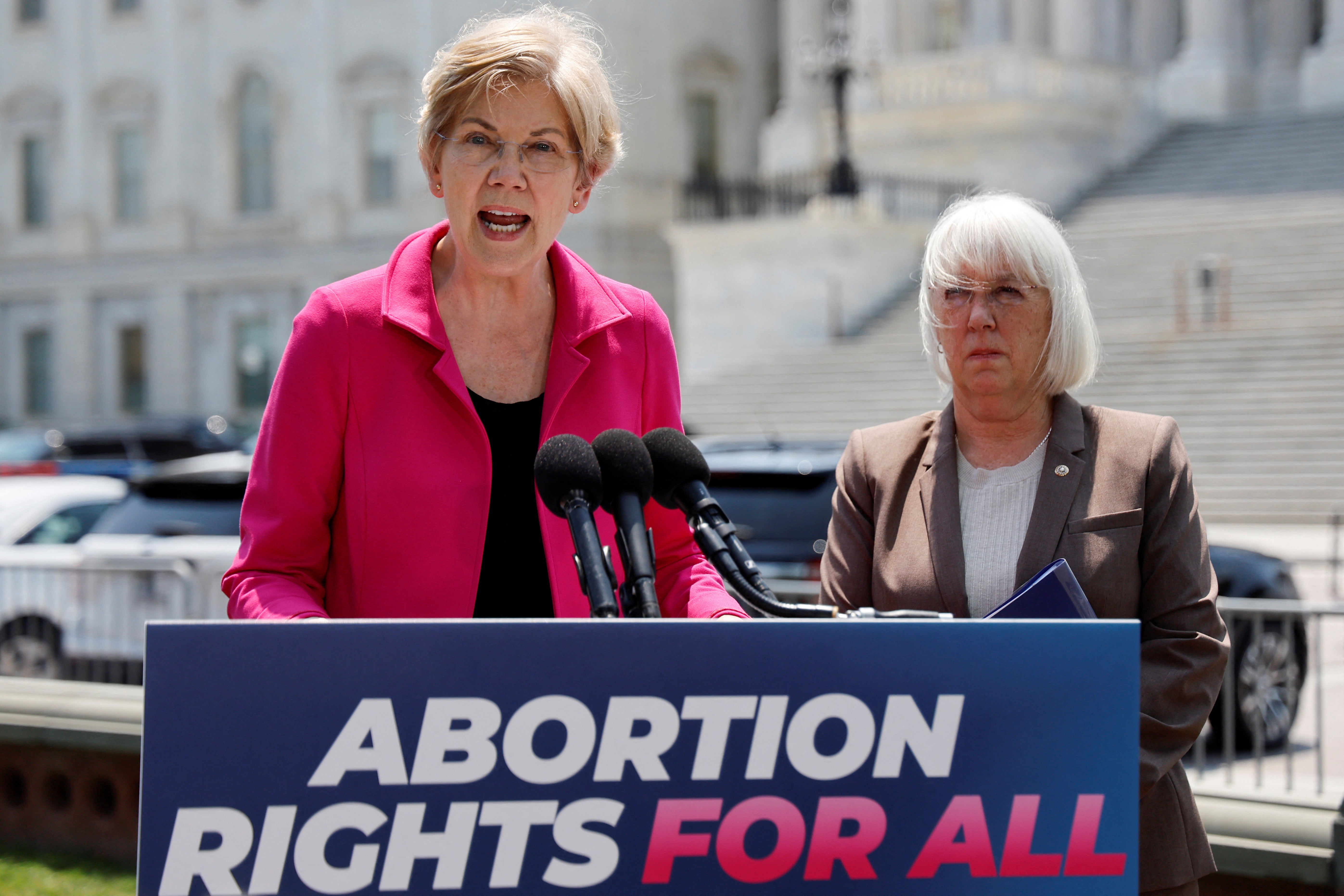 US Senators Elizabeth Warren and Patty Murray speak at a news conference about legislation to protect abortion rights on 15 June.