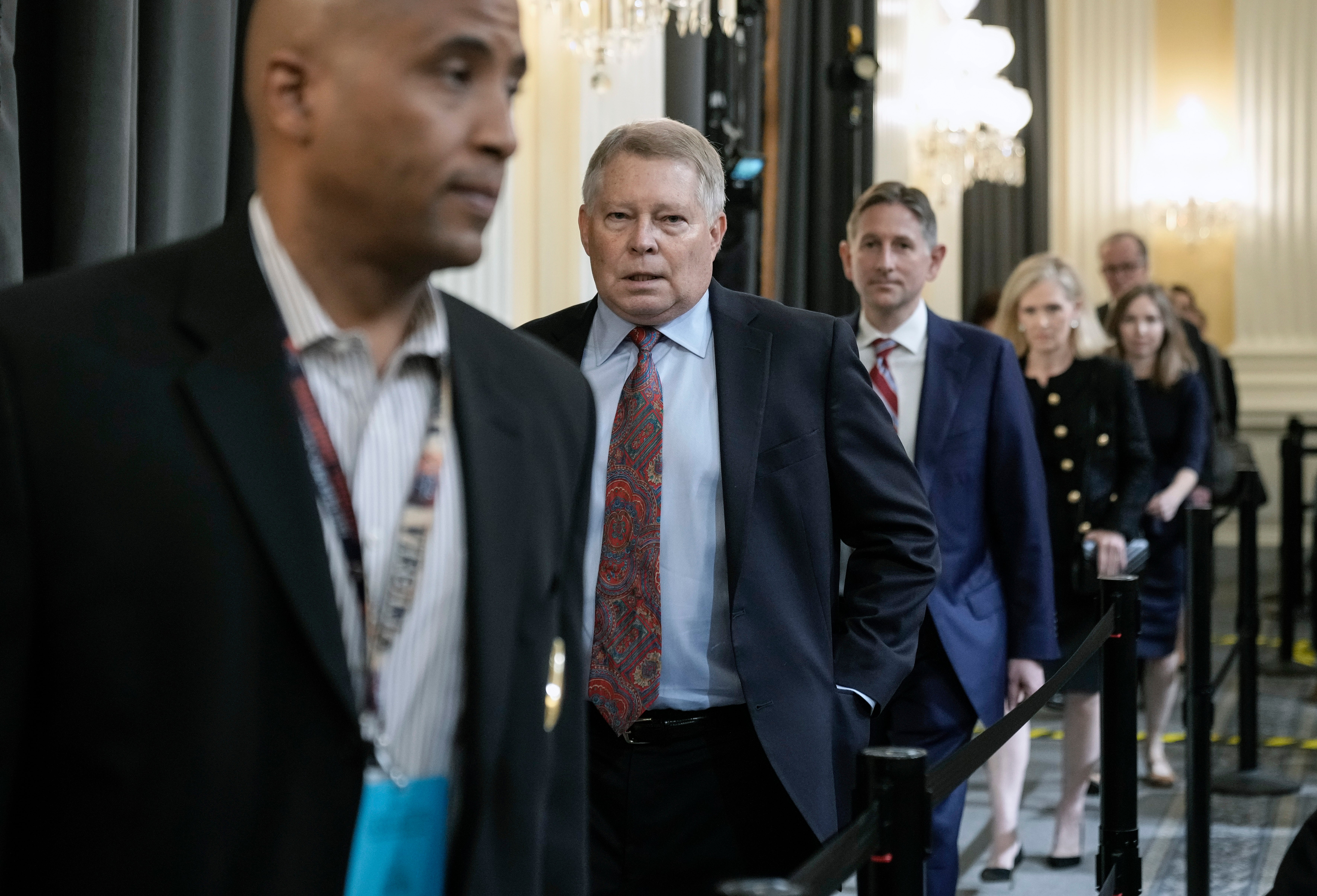 J. Michael Luttig (second from left), former U.S. Court of Appeals judge for Fourth Circuit, and Greg Jacob, former counsel to Vice President Mike Pence, arrive to testify before the House Select Committee to Investigate the January 6th Attack on the U.S. Capitol in the Cannon House Office Building on June 16, 2022 in Washington, DC