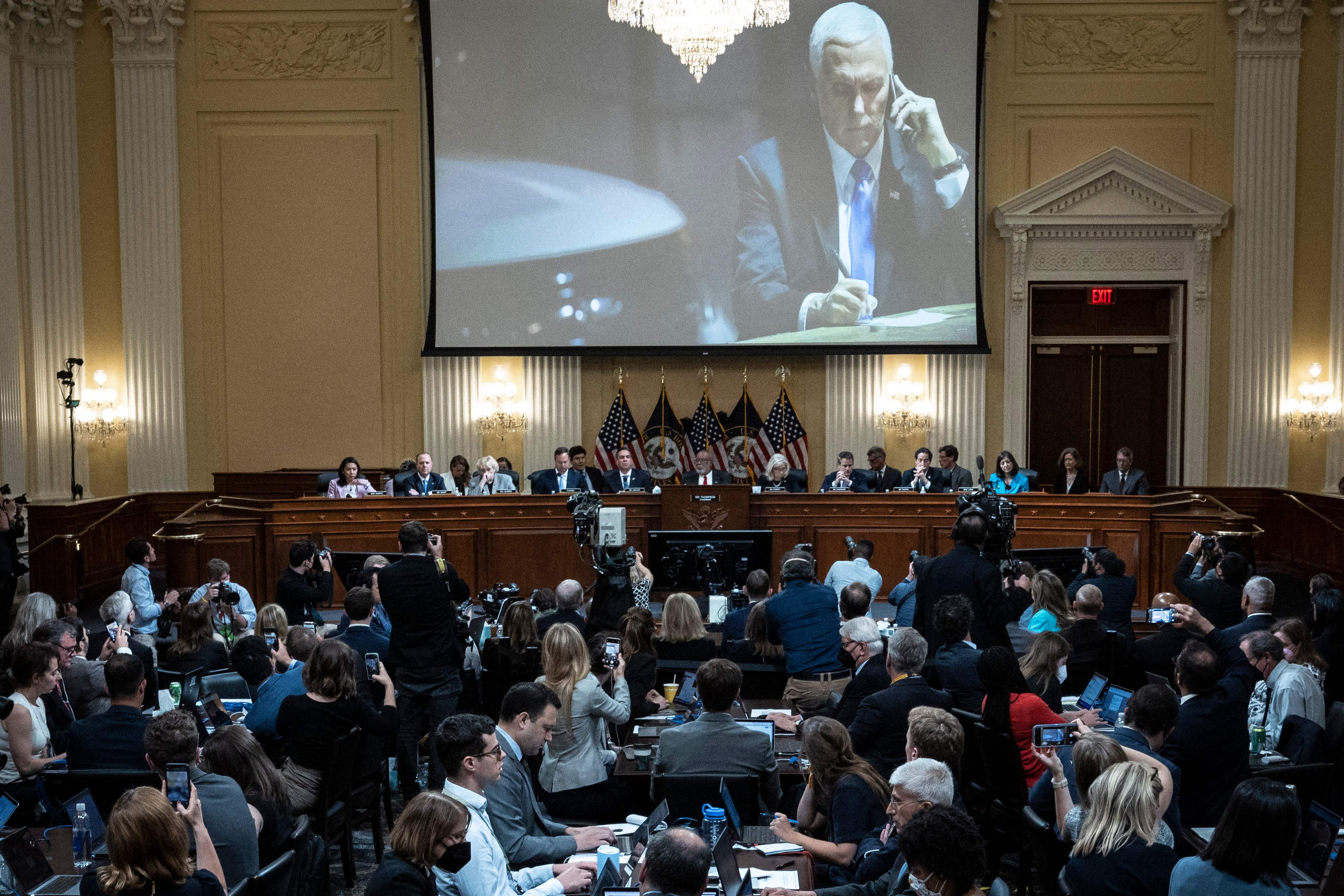 An image of former Vice President Mike Pence on the night of January 6, 2021 is displayed during the third hearing of the US House Select Committee to Investigate the January 6 Attack