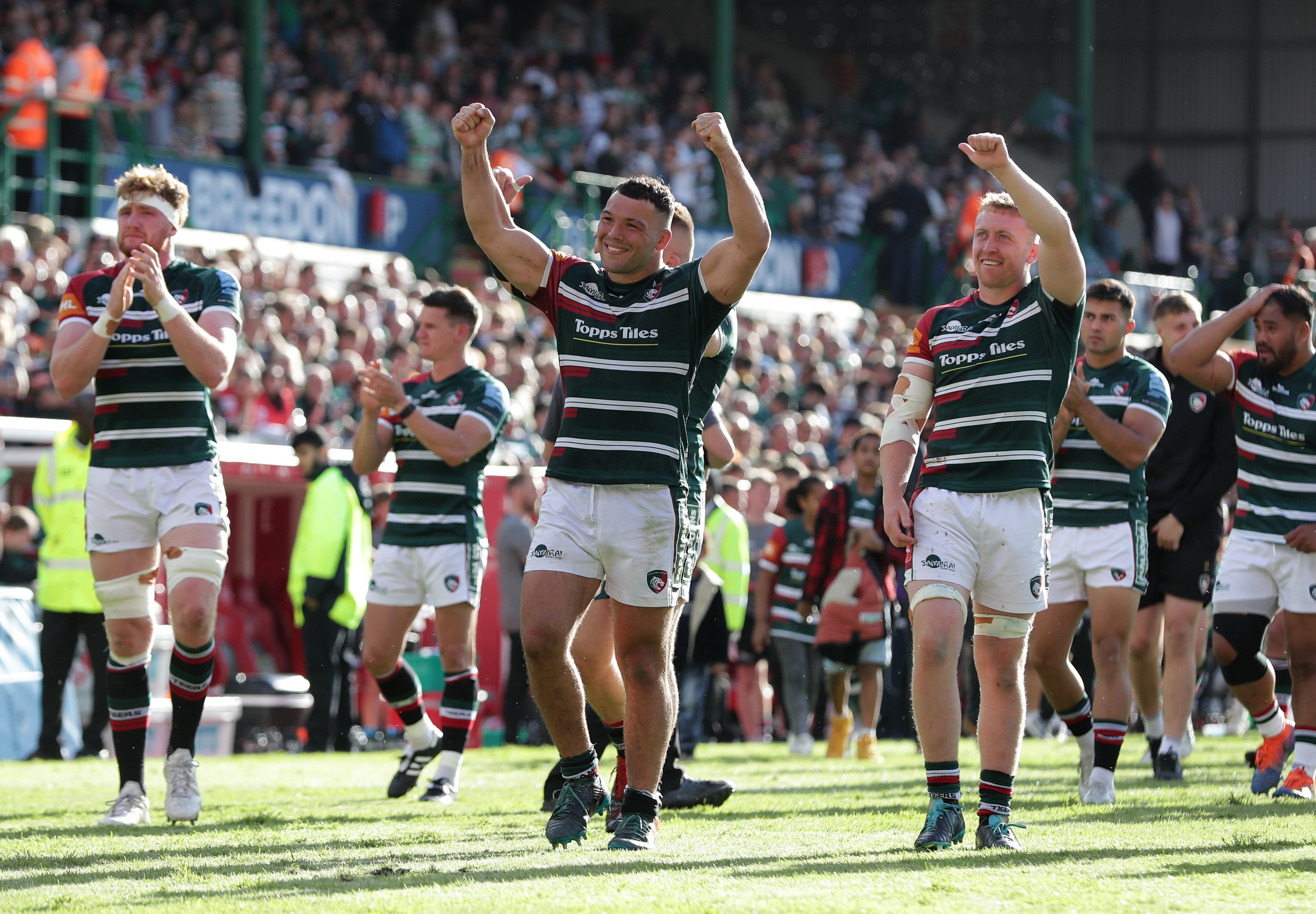 Ellis Genge (centre) will captain Leicester against Premiership final opponents Saracens