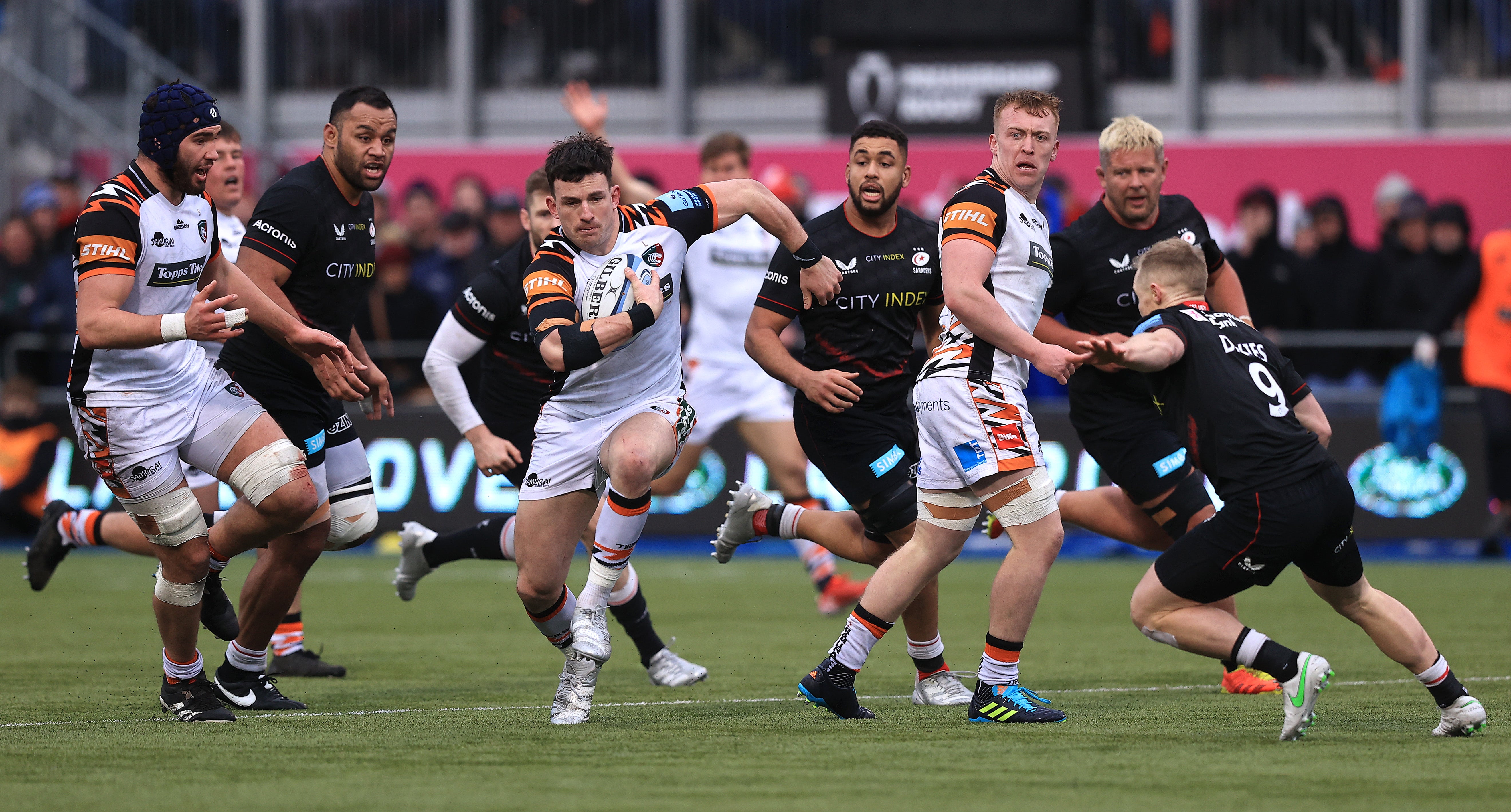 Matt Scott of Leicester Tigers breaks with the ball during the Premiership match against Saracens in March