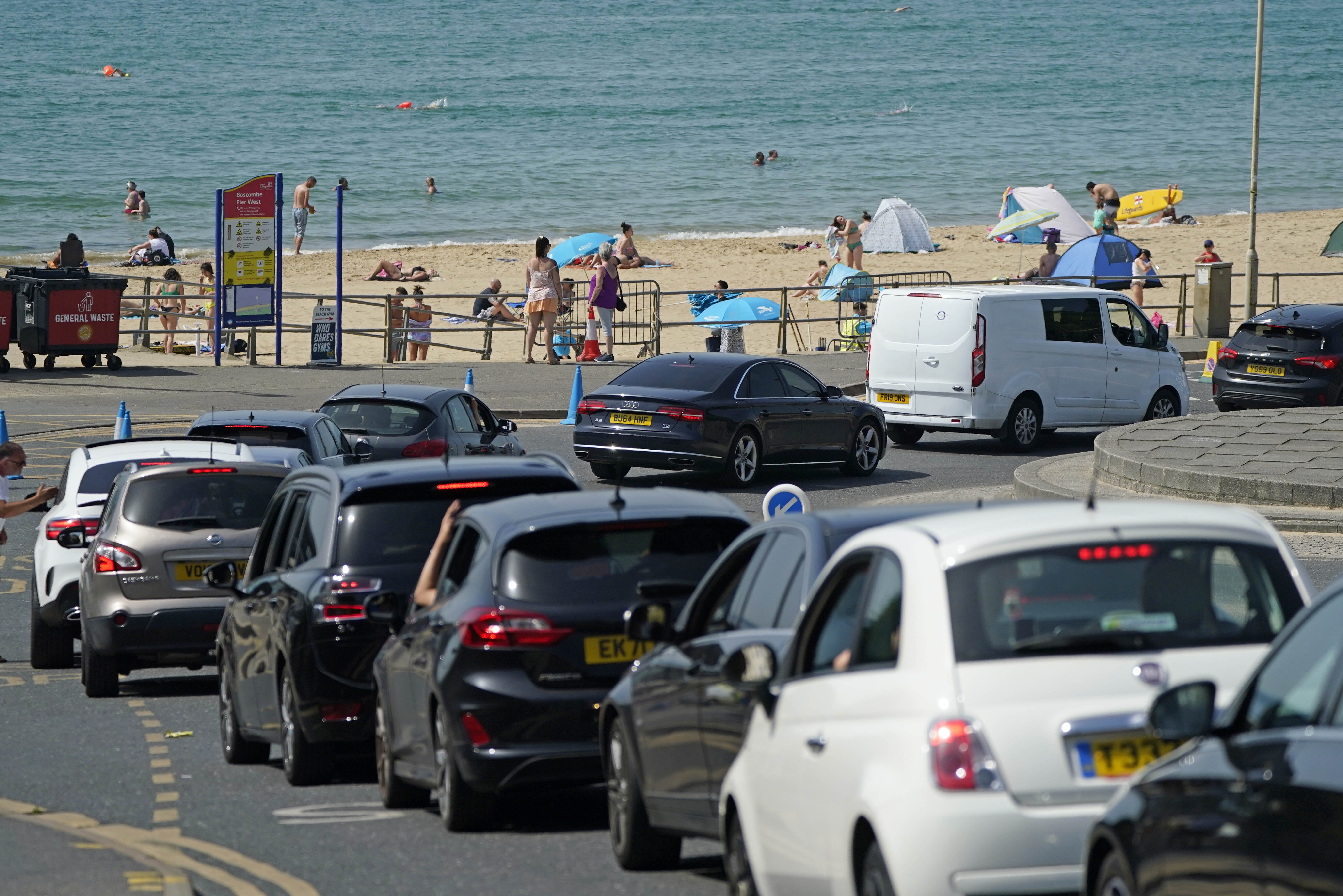 Cars queue up to park at Boscombe beach in Dorset