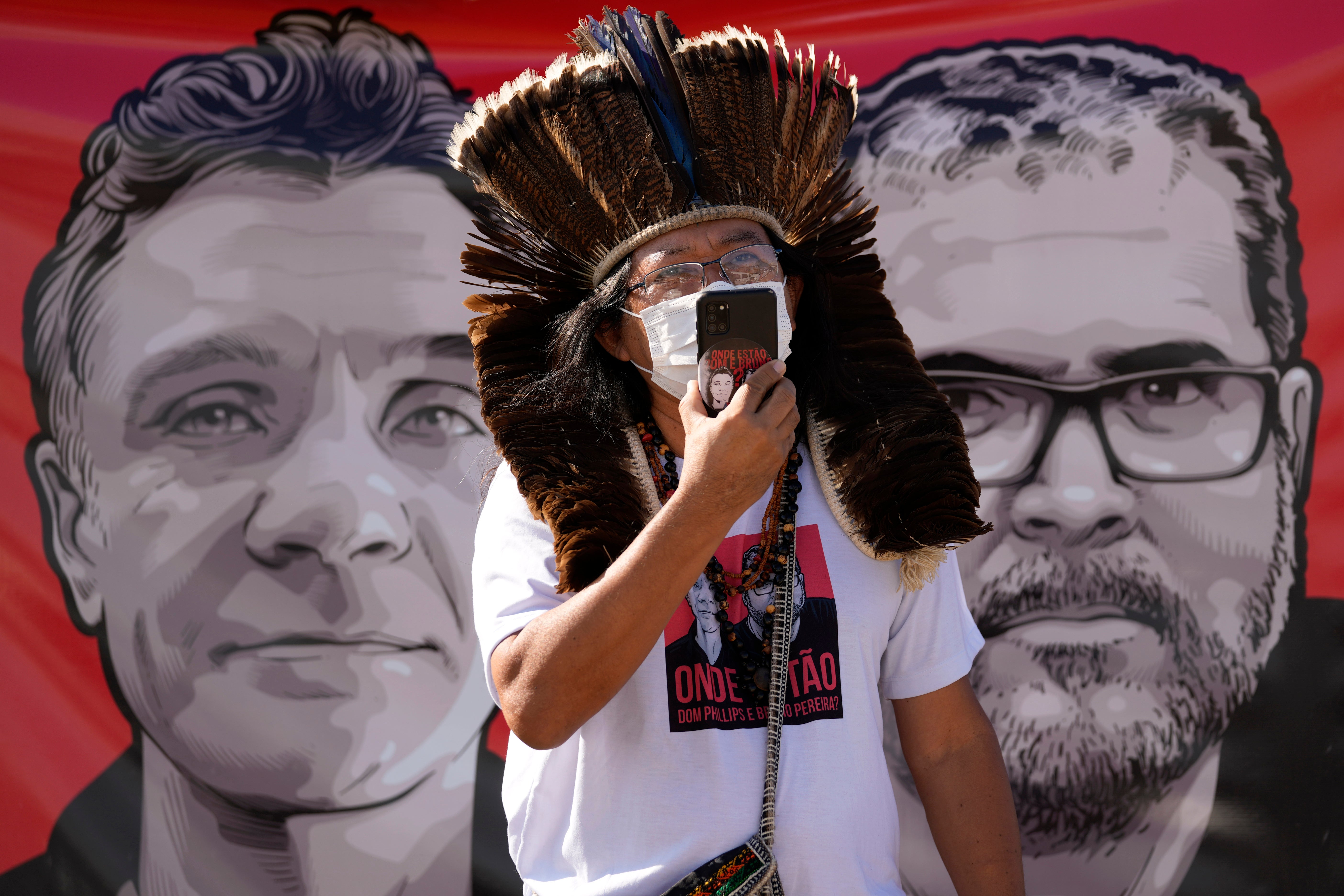 Indigenous leader Kamuu Wapichana during a protest calling on authorities to expand search efforts for Dom Phillips and Bruno Pereira last week