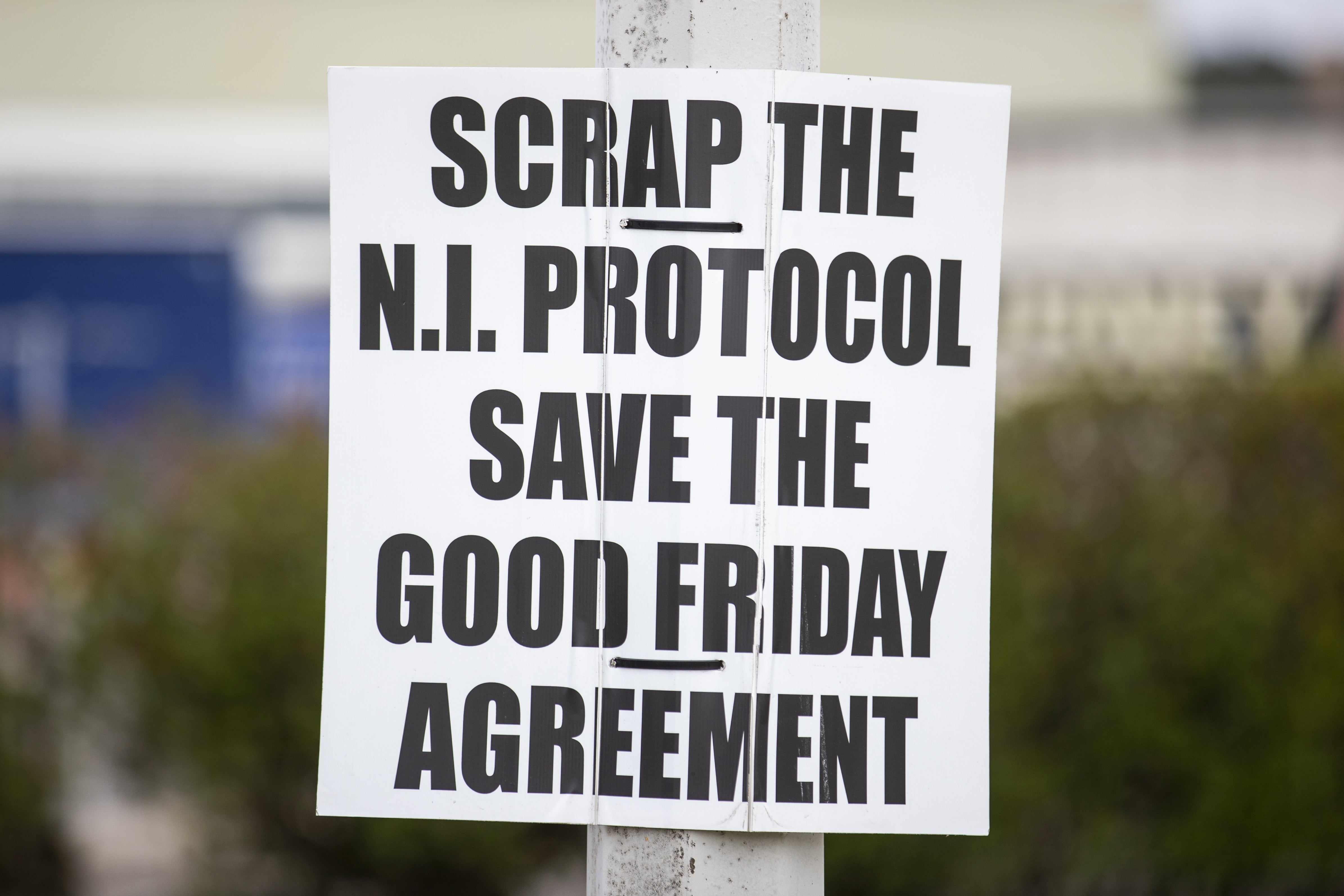 A sign protesting against the Northern Ireland protocol close to the Port of Larne