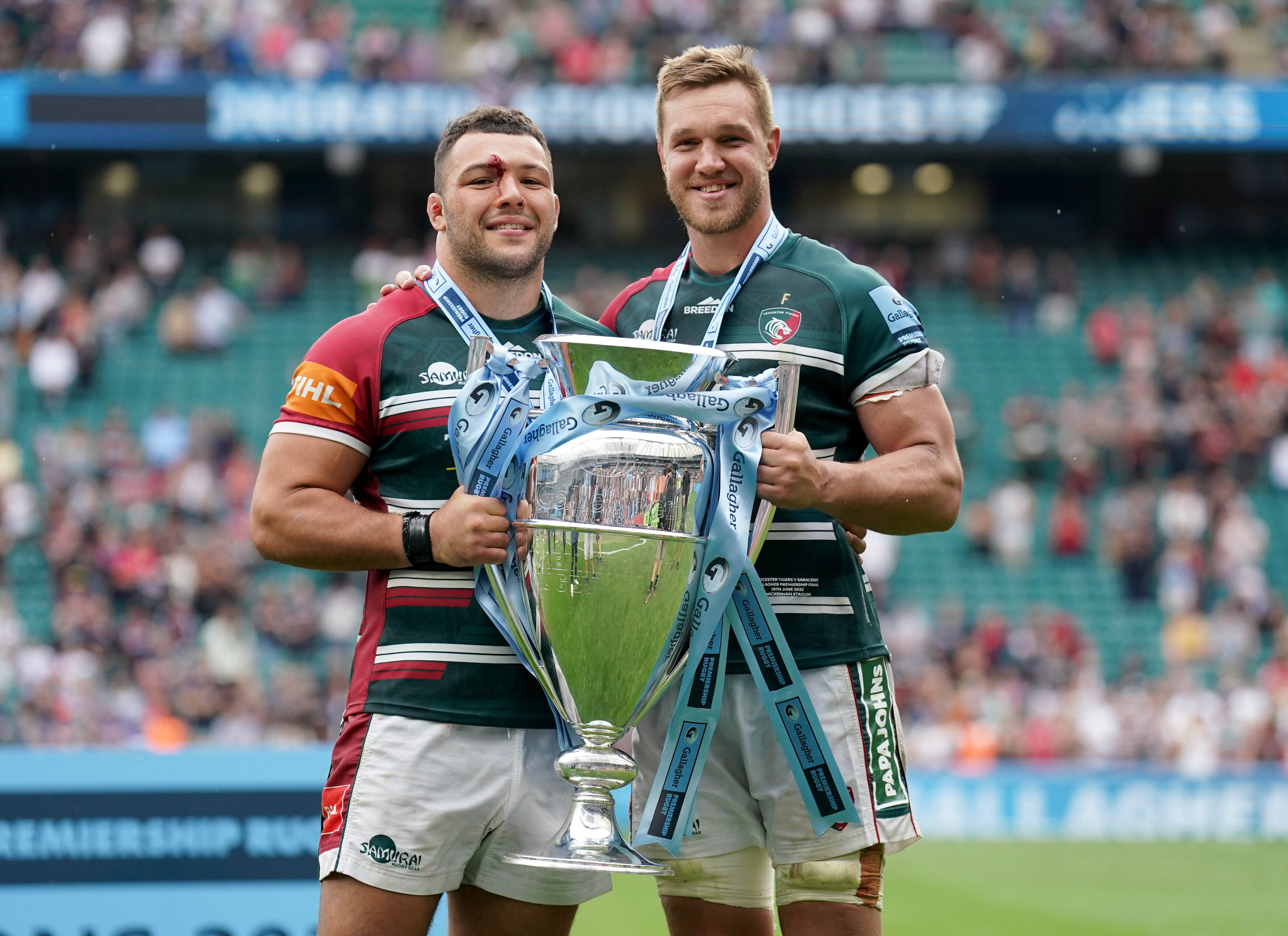 Ellis Genge, left, and his Leicester team-mate Hanro Liebenberg with the Premiership trophy (Tim Goode/PA)