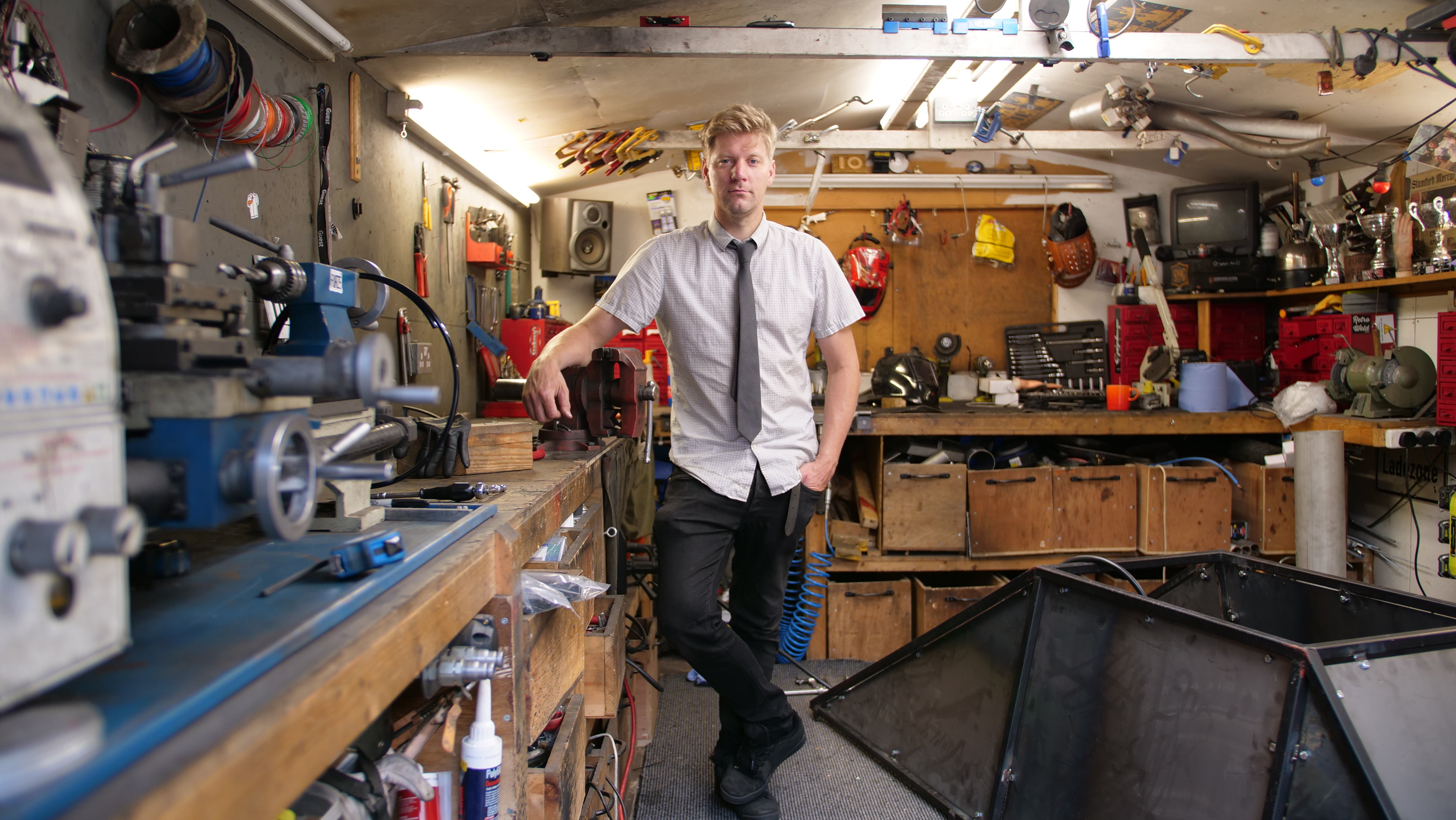 Colin Furze inside his workshop shed in Lincolnshire (Cuprinol/PA)