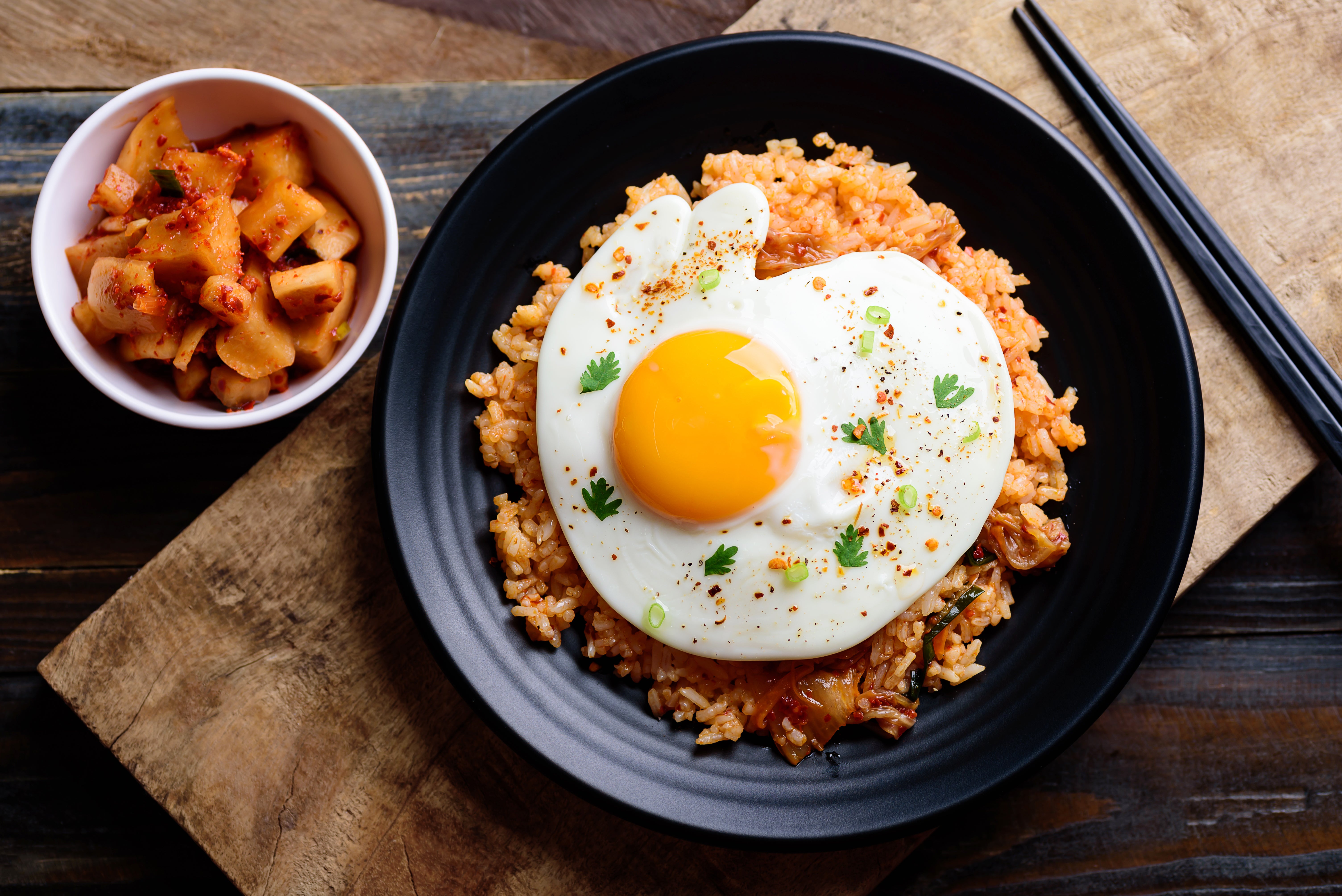 This oven method for kimchi fried rice maximises the potential for that coveted scorched rice