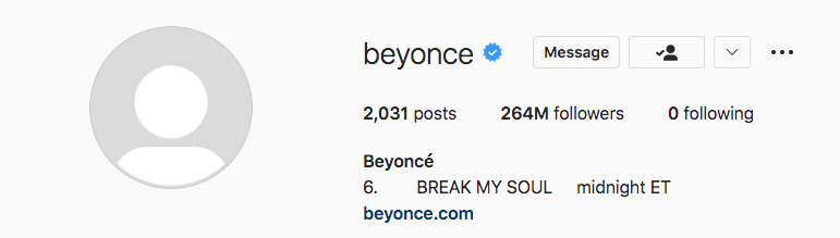 Beyoncé’s Instagram profile announcing new single Break My Soul