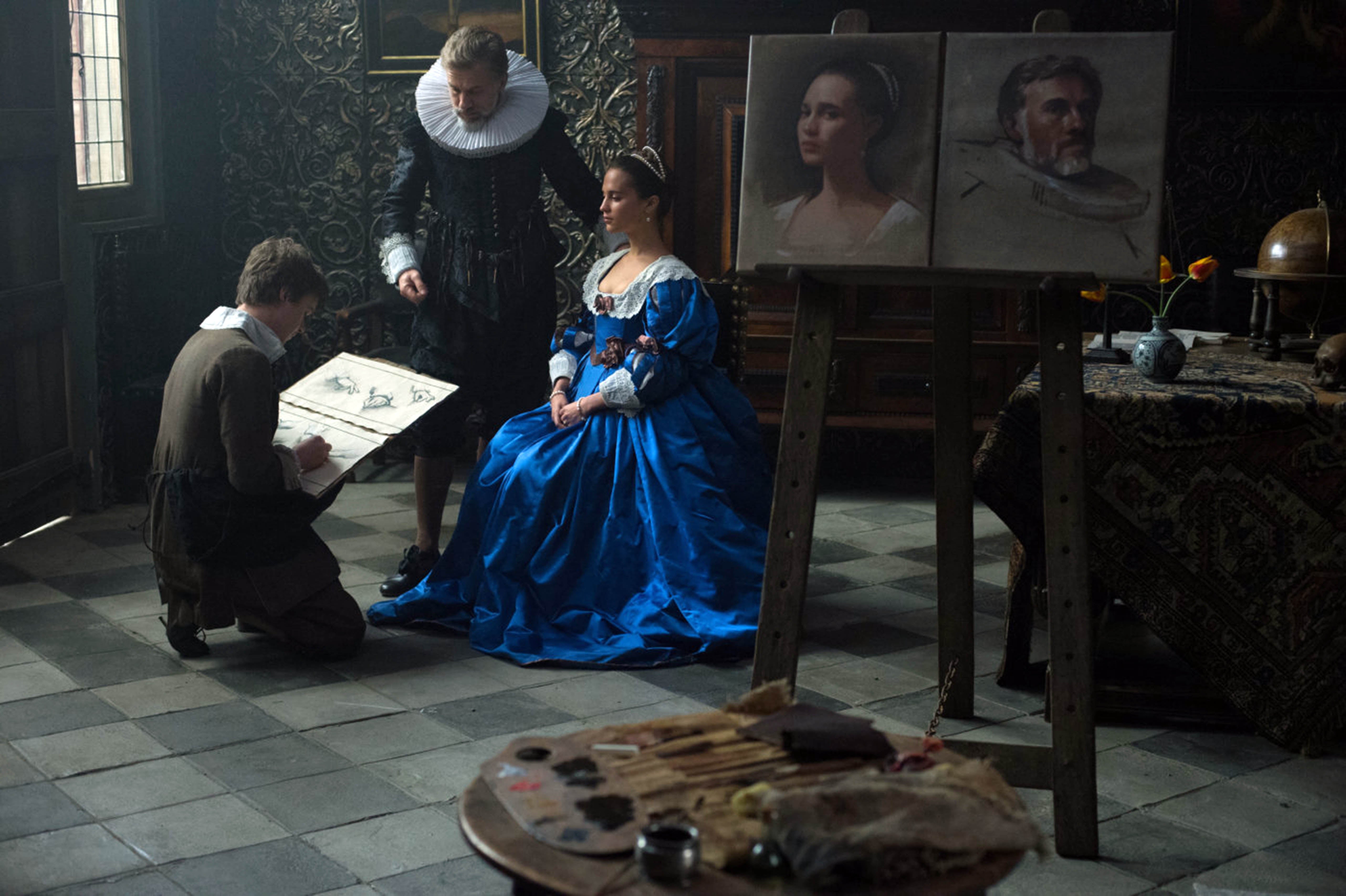 Dane DeHaan, Christoph Waltz, and Alicia Vikander in 2017’s ‘Tulip Fever’, the film adaptation of Moggach’s novel that was produced by Harvey Weinstein