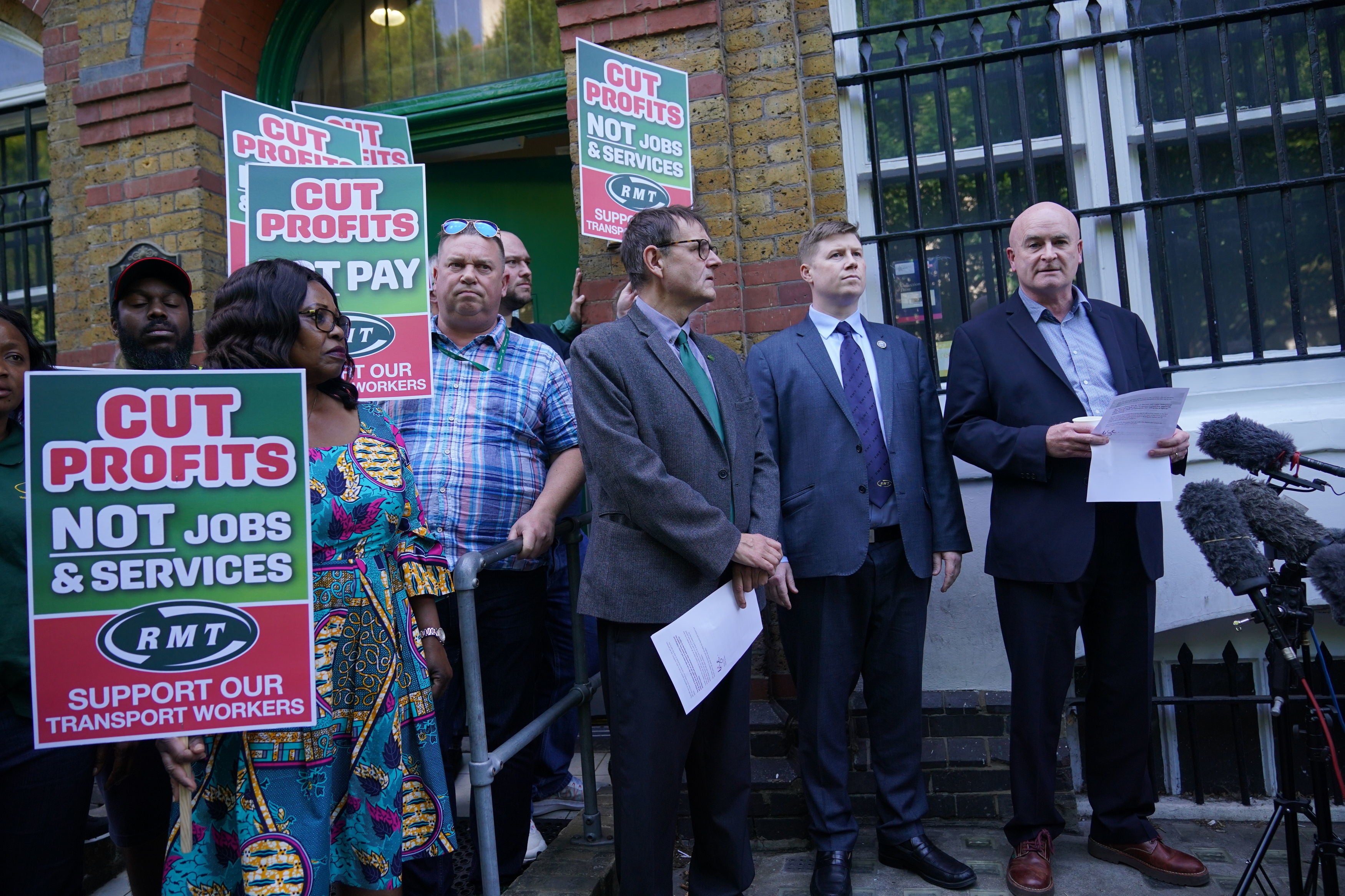 Mick Lynch, General Secretary of the Rail, Maritime and Transport (RMT) union giving a statement on national rail dispute at the RMT Trade Union headquarters in London.