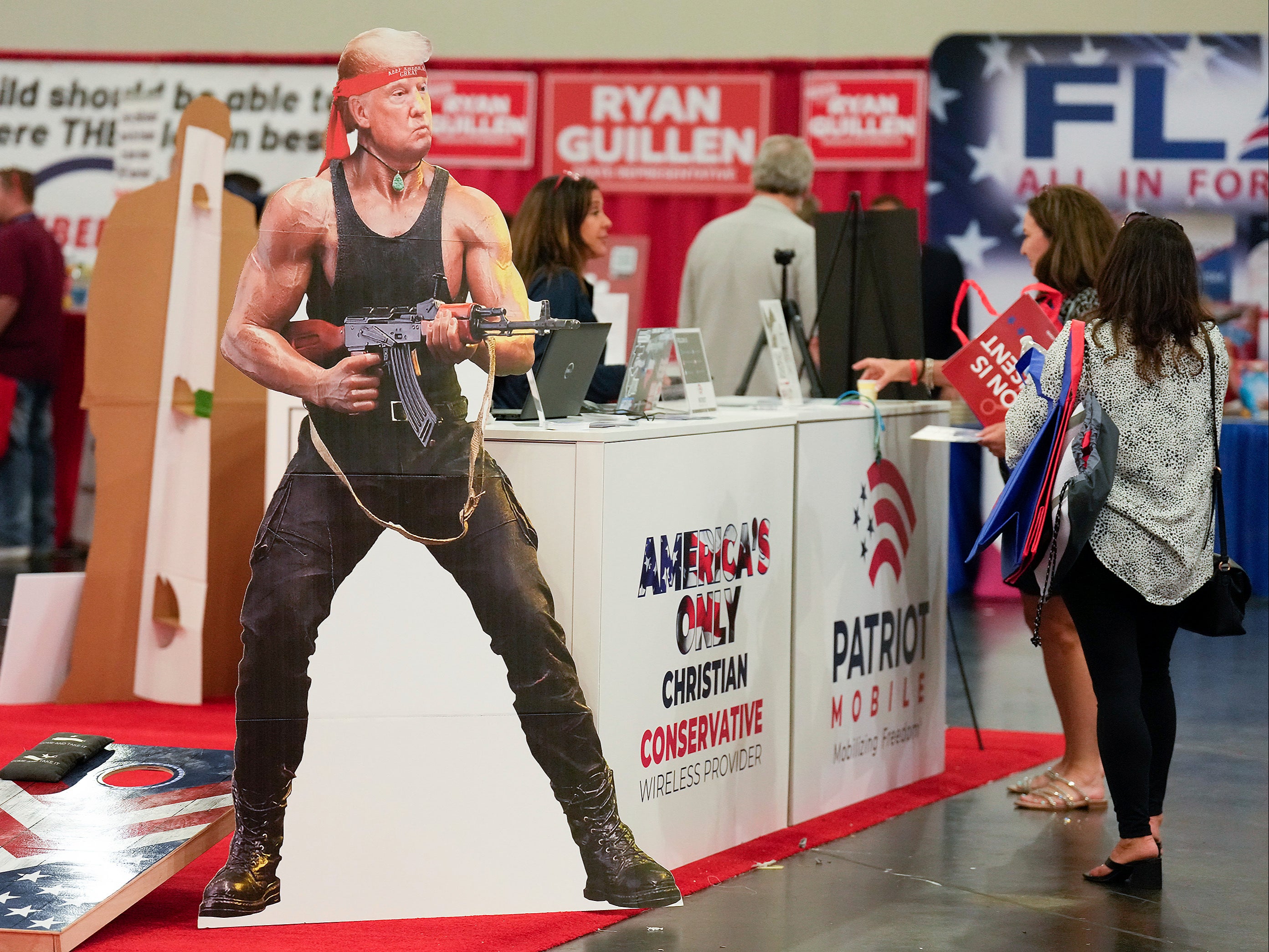 A Donald Trump cutout stands at Patriot Mobile’s display at the Republican Party of Texas convention