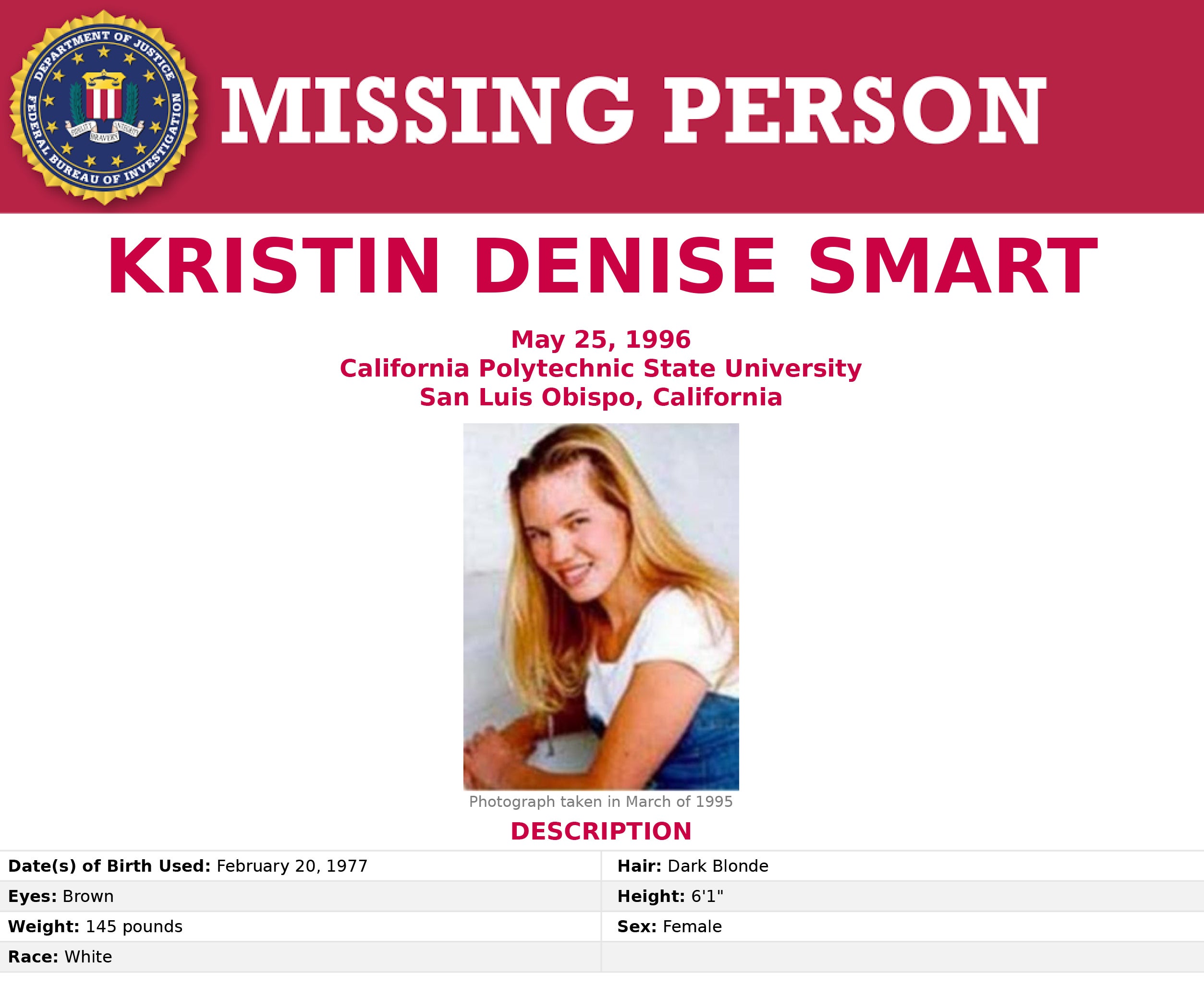 A missing person poster for Kristin Smart, provided by the FBI