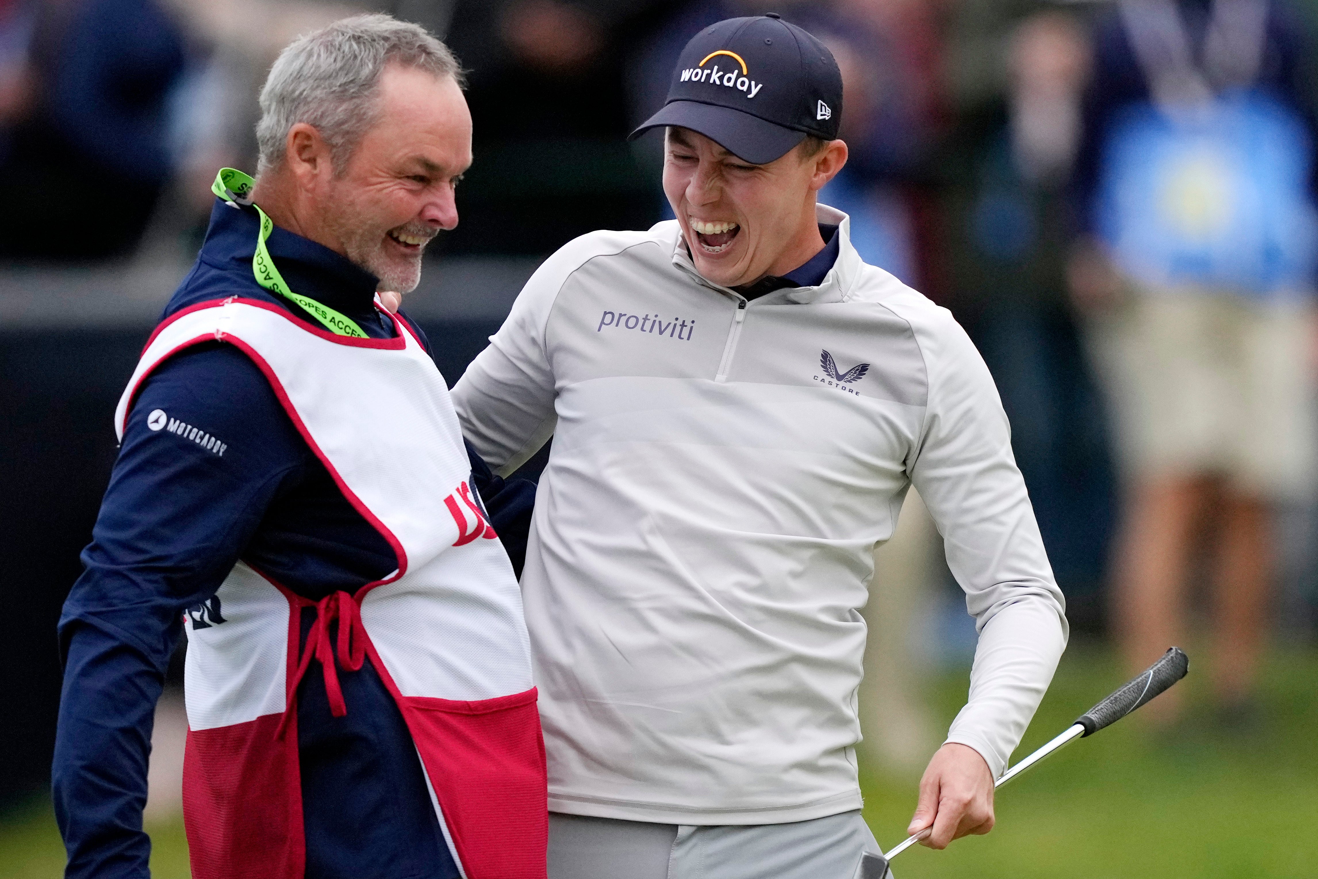 Matthew Fitzpatrick, right, celebrates with his caddie Billy Foster (Robert F. Bukaty/AP)