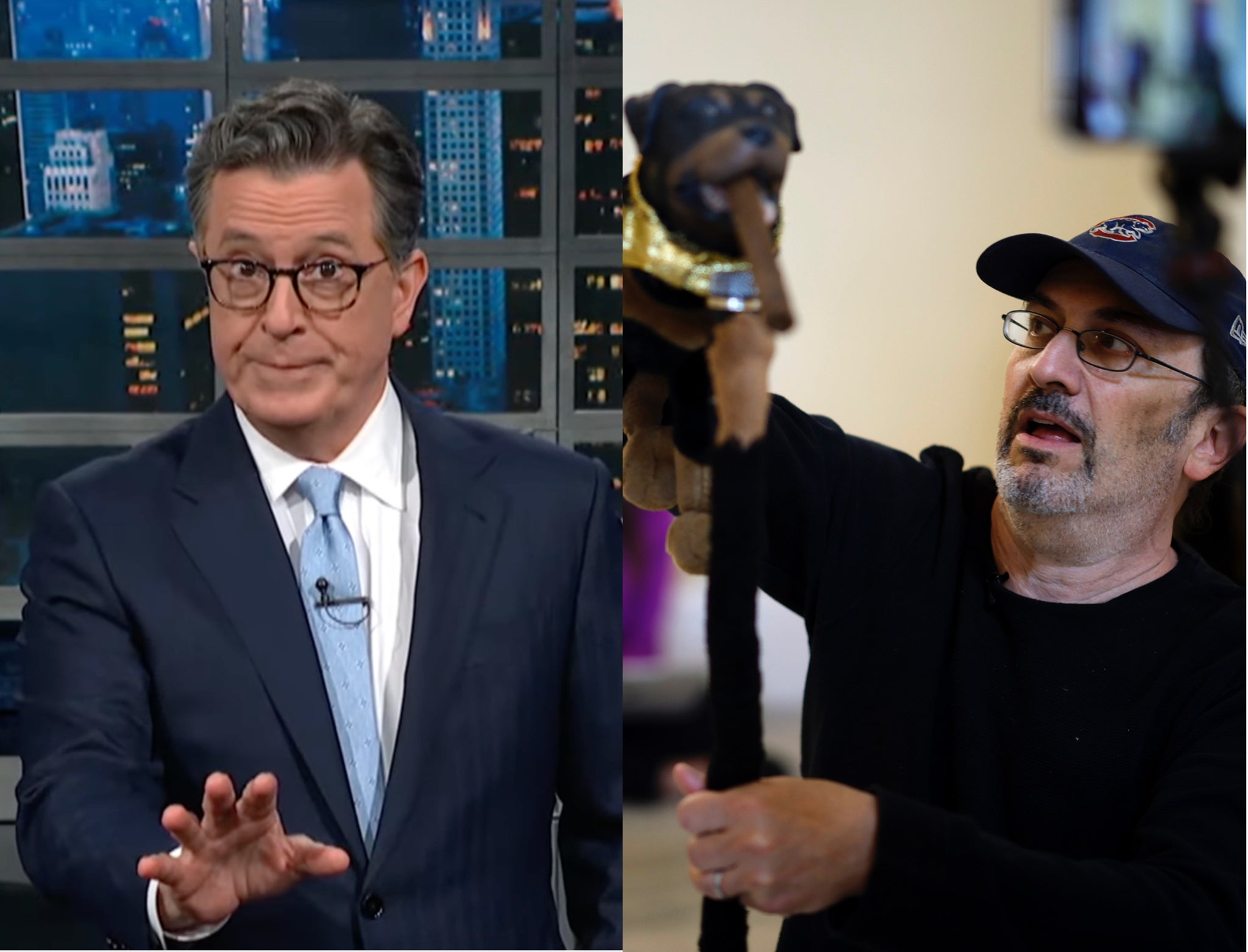 Stephen Colbert (left) and Robert Smigel who performs as Triumph the Insult Comic Dog