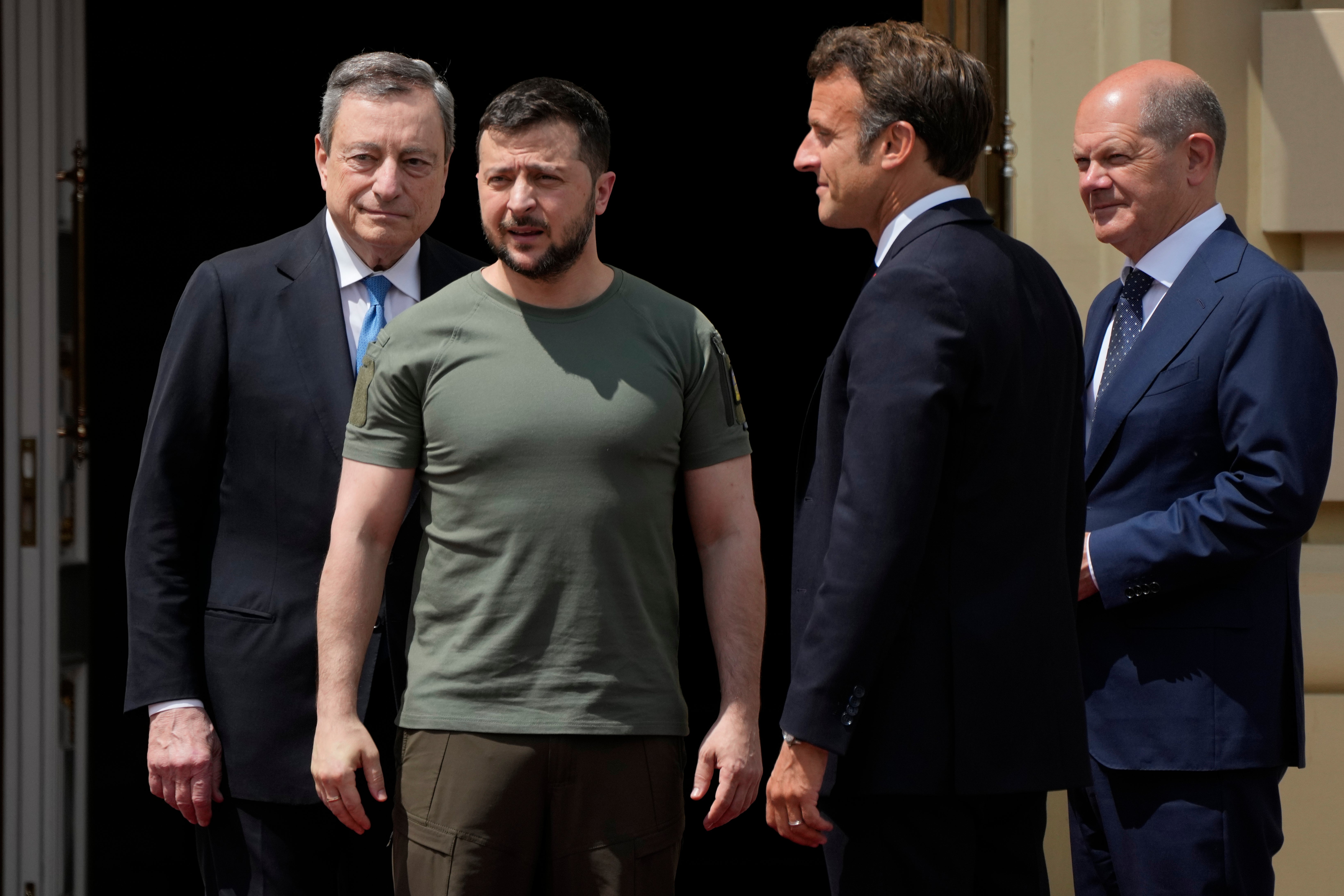 Italian PM Mario Draghi, Ukrainian president Volodymyr Zelensky, French president Emmanuel Macron and German chancellor Olaf Scholz