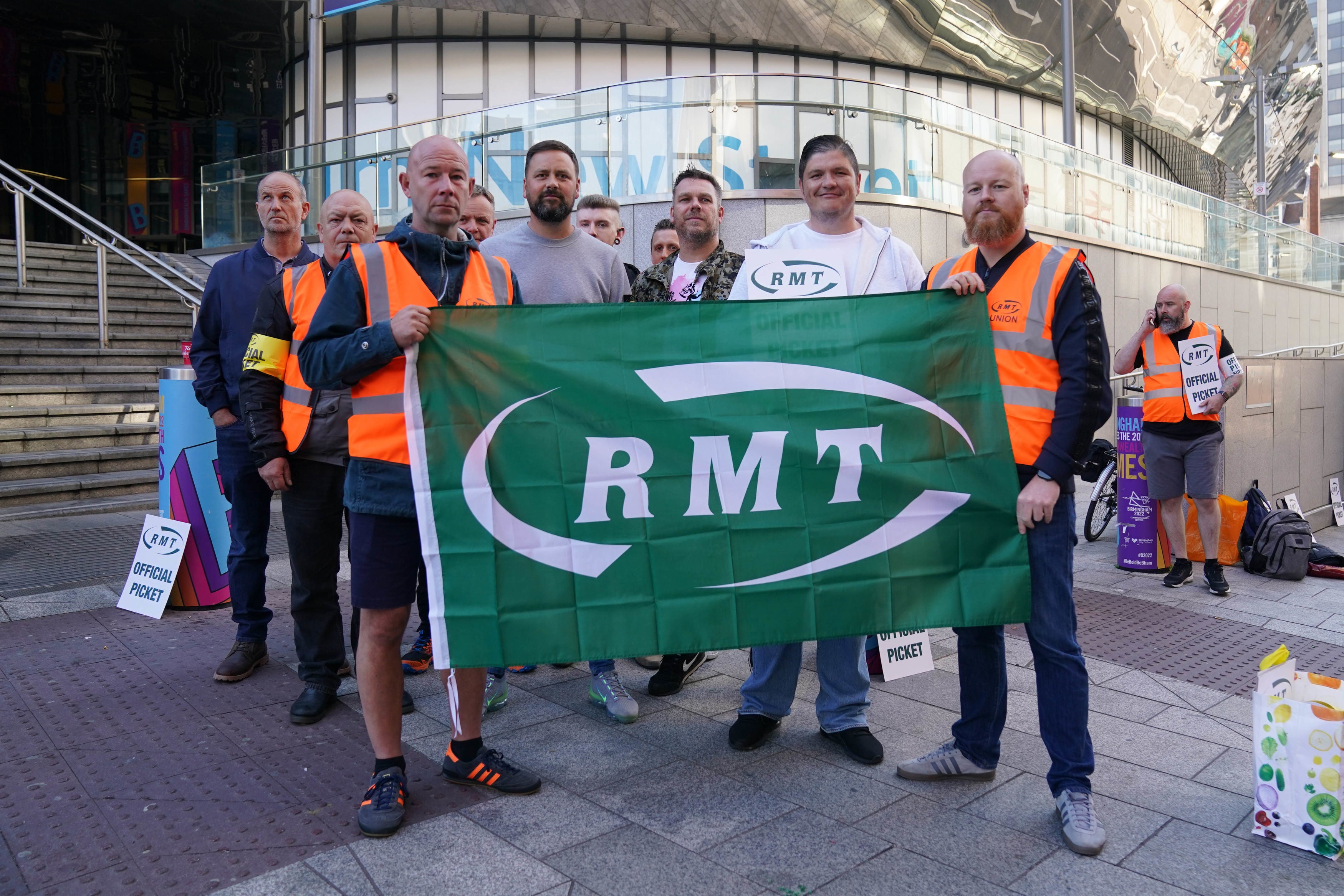 RMT members outside Birmingham New Street station