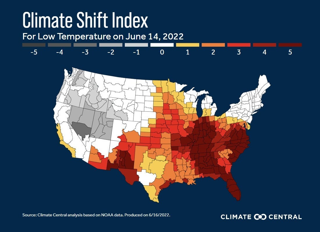 The Climate Shift Index for overnight low temperatures on 14 June 2022. A value of 1 or more indicates that this temperature has become more likely due to the climate crisis, while a negative value means this temperature has become less likely