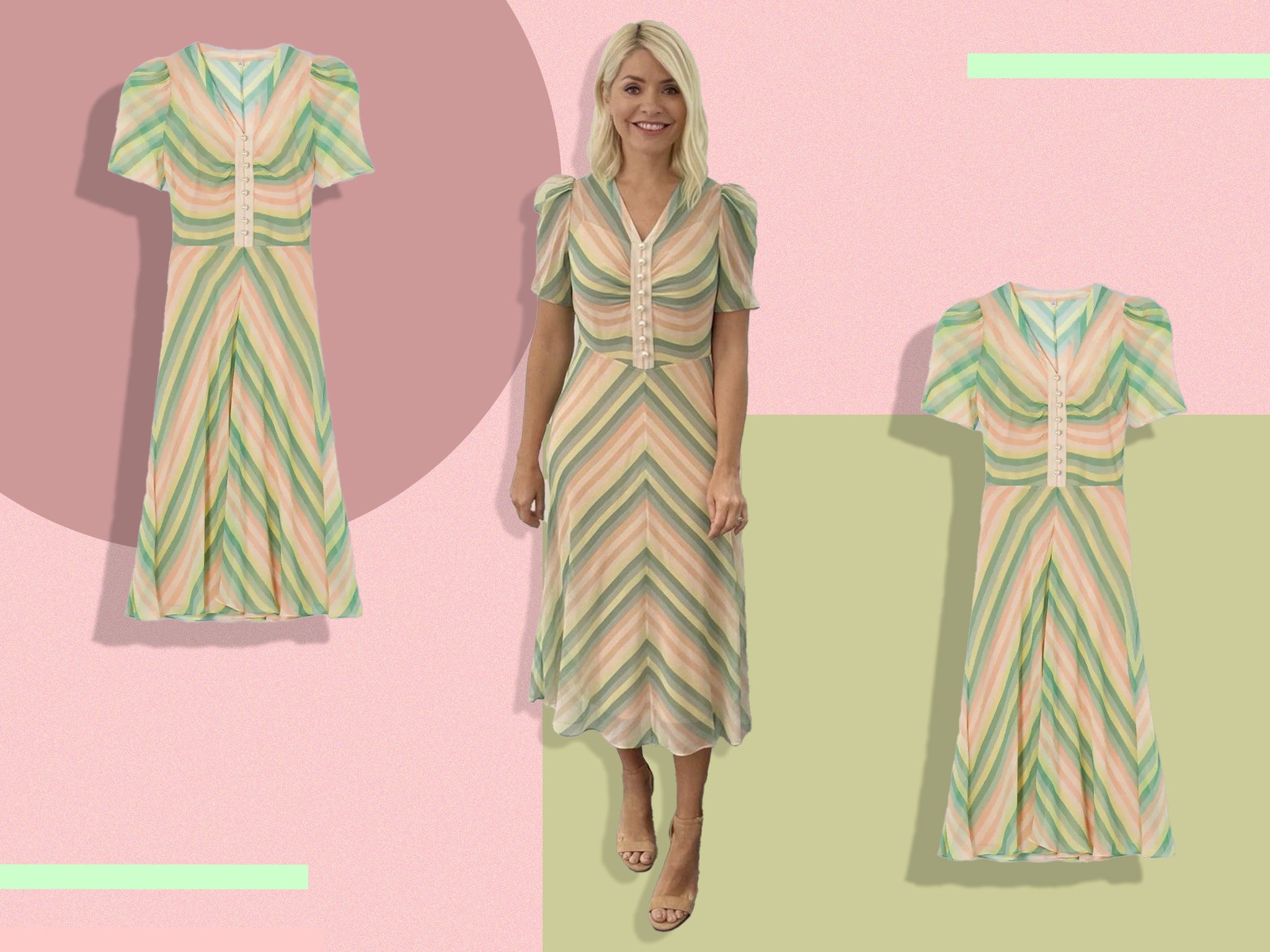 The midi dress has puff sleeves and oversized pearls nodding to 1930s style