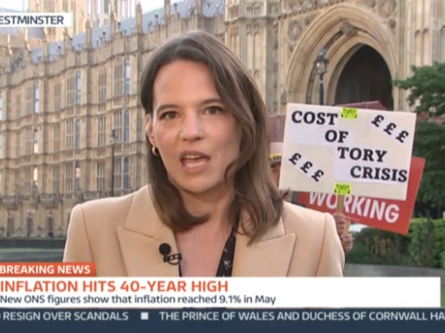 Louisa James speaking in front of protesters on ‘Good Morning Britain'