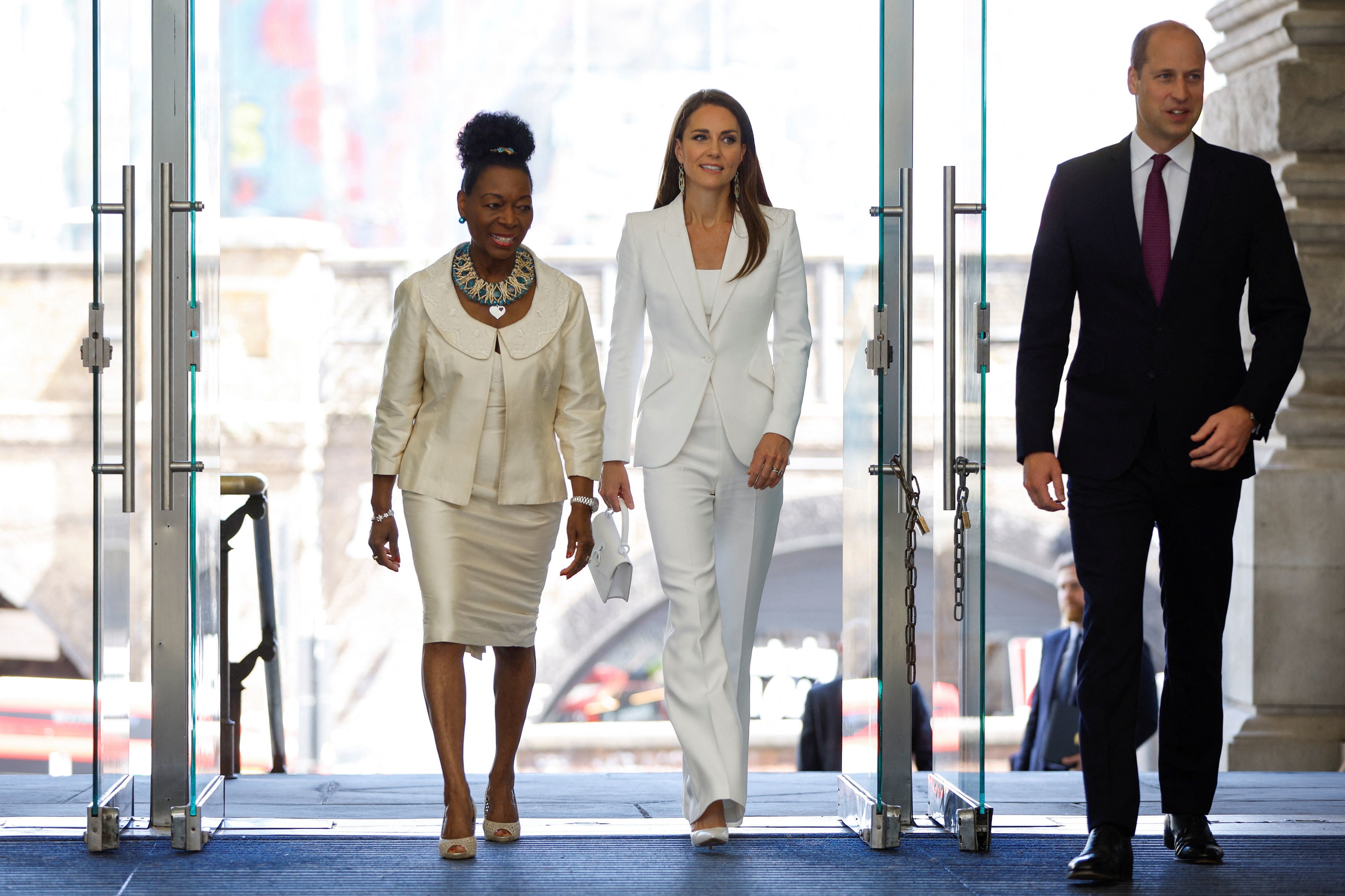 The Duke and Duchess of Cambridge, accompanied by Baroness Floella Benjamin (left) attending the unveiling of the National Windrush Monument at Waterloo Station