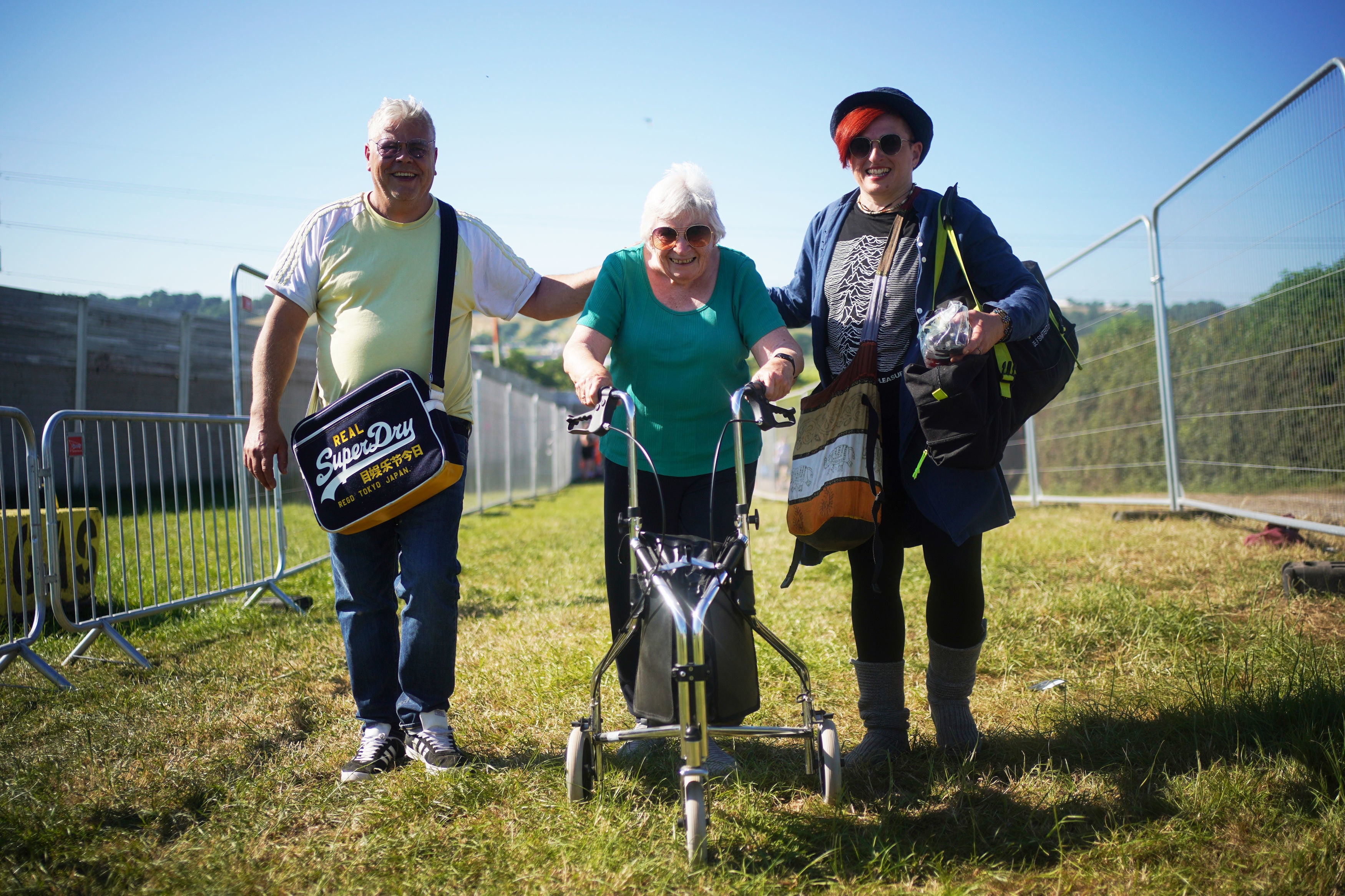 Left to right: Simon Lampard (52), Pat Brooks (82) and Linda Brooks-Lampard (51) arrive on the first day. Pat was given Glastonbury tickets for her 80th birthday