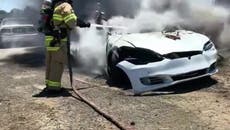 Tesla goes up in flames as firefighters struggle to extinguish battery fire