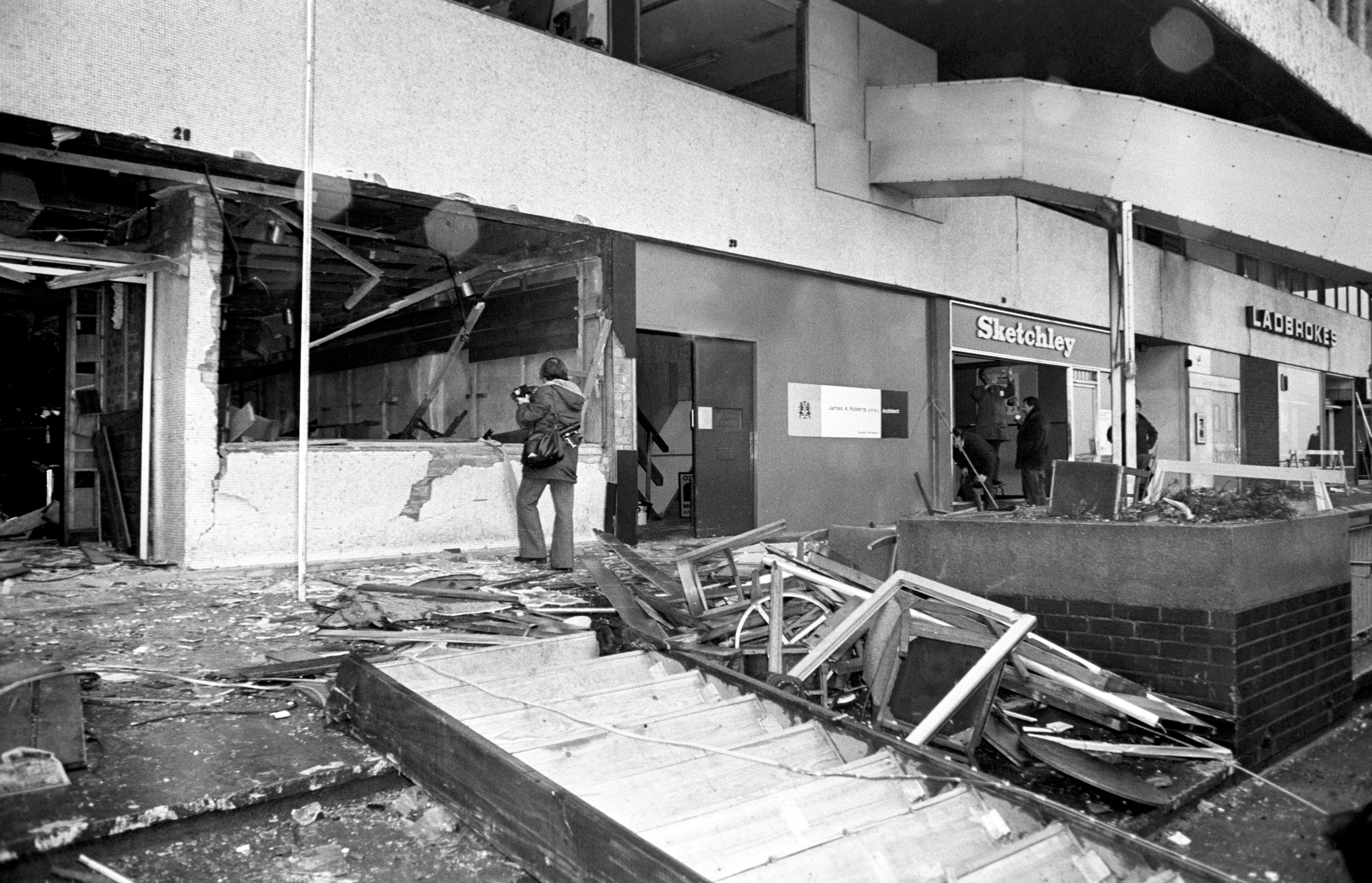 The bomb-blasted remains of the Mulberry Bush pub, at the foot of the Rotunda. (PA Media)