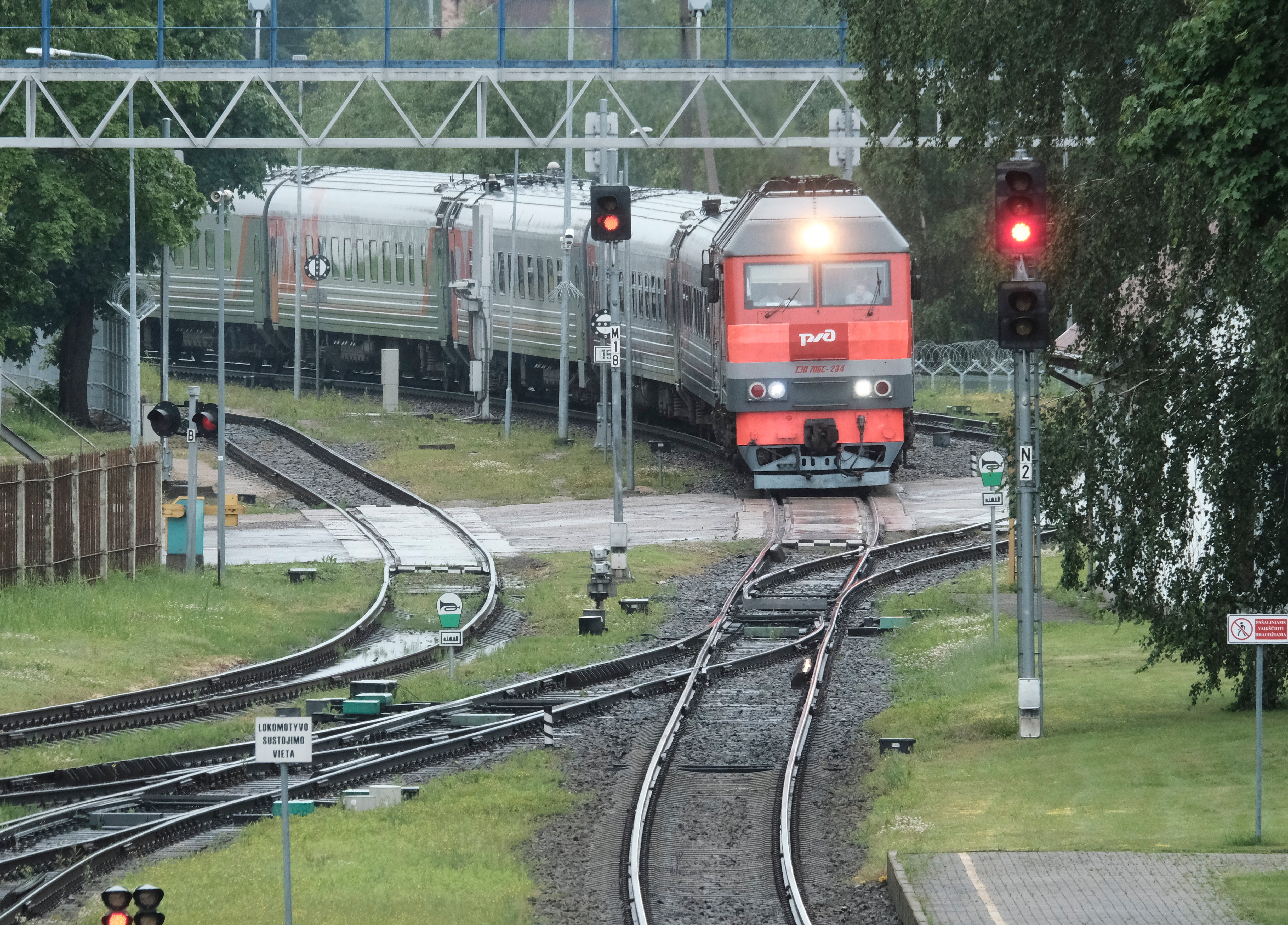 A passenger train from Kaliningrad to Moscow arrives at the Lithuanian border