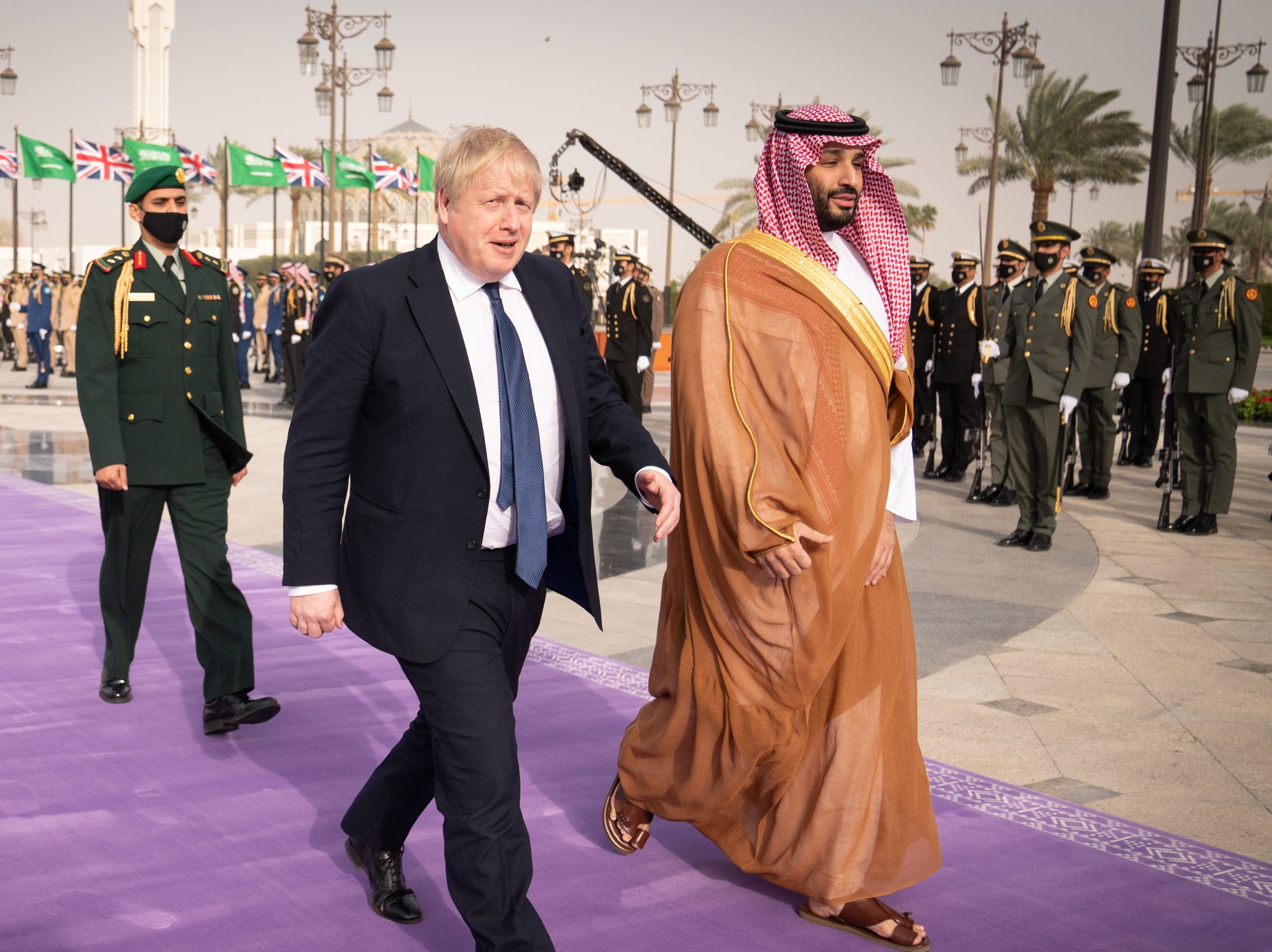 Boris Johnson is welcomed by Mohammed bin Salman, crown prince of Saudi Arabia, as he arrived for talks on a £1.6bn trade deal between the UK and six Gulf nations in March