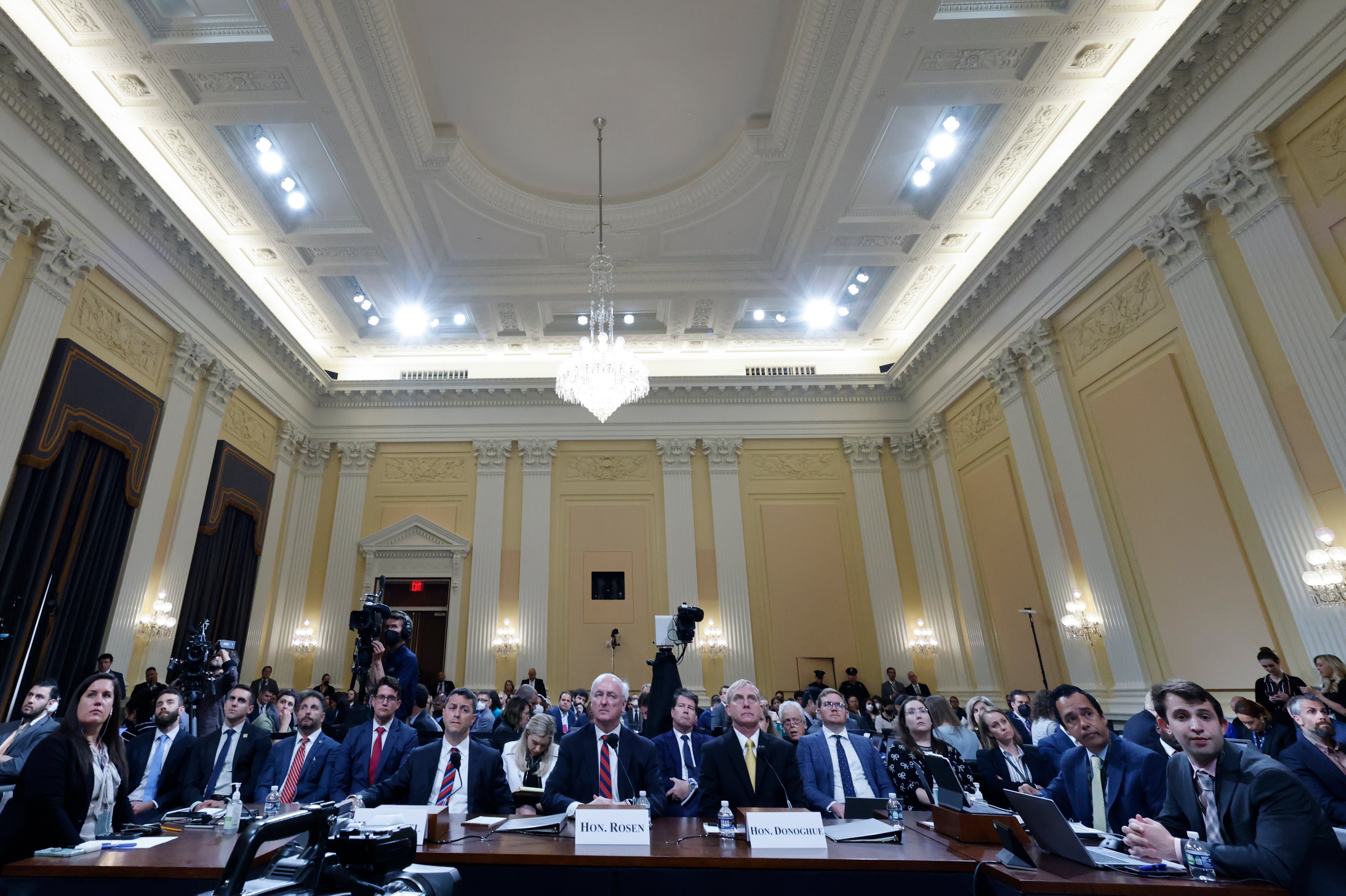 Former assistant US attorney general for the Office of Legal Counsel Steven Engel, former acting US attorney general Jeffrey Rosen and former acting US deputy attorney general Richard Donoghue attend the fifth hearing