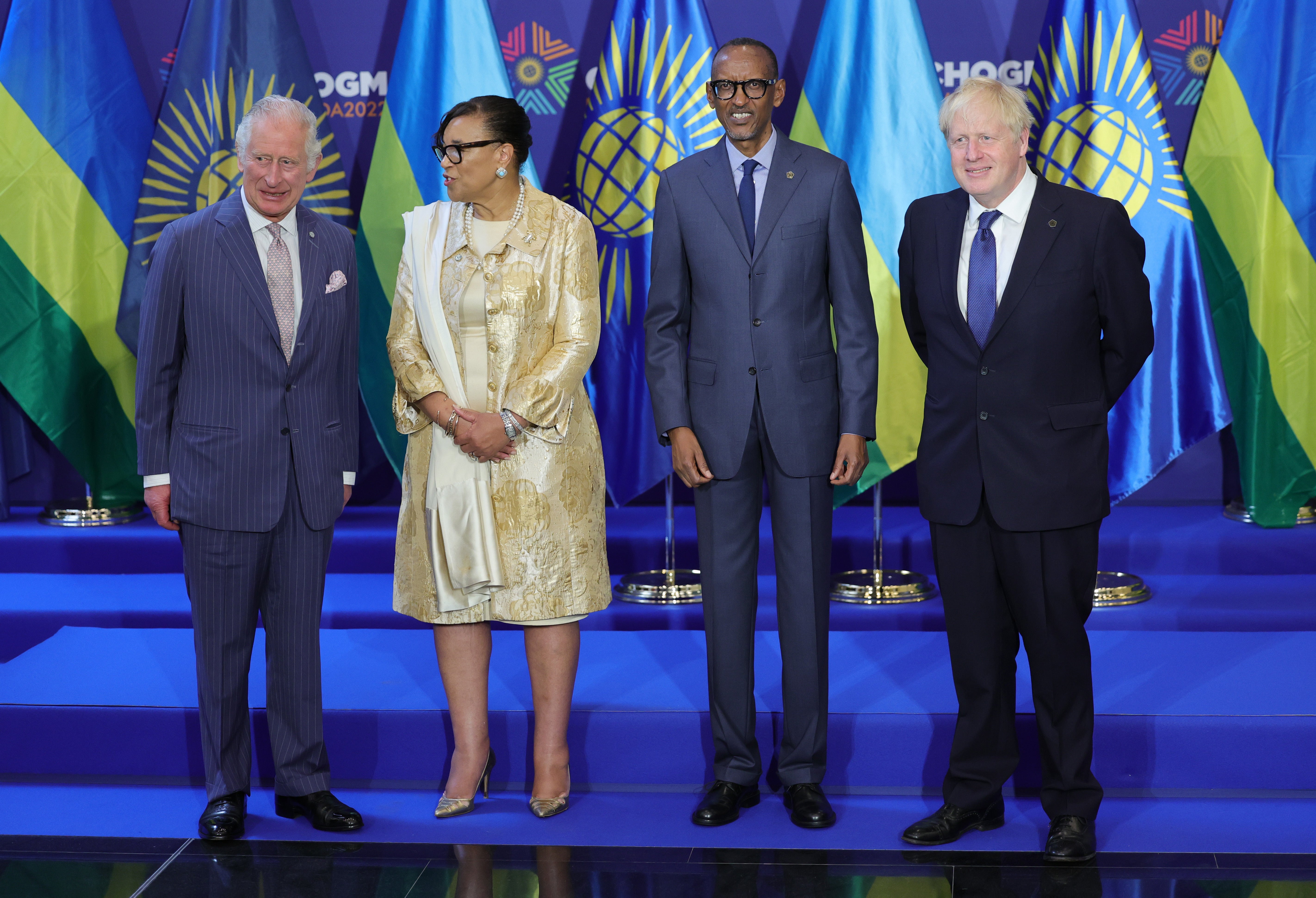 Charles, Commonwealth secretary-general Patricia Scotland, Rwandan president Paul Kagame and Boris Johnson