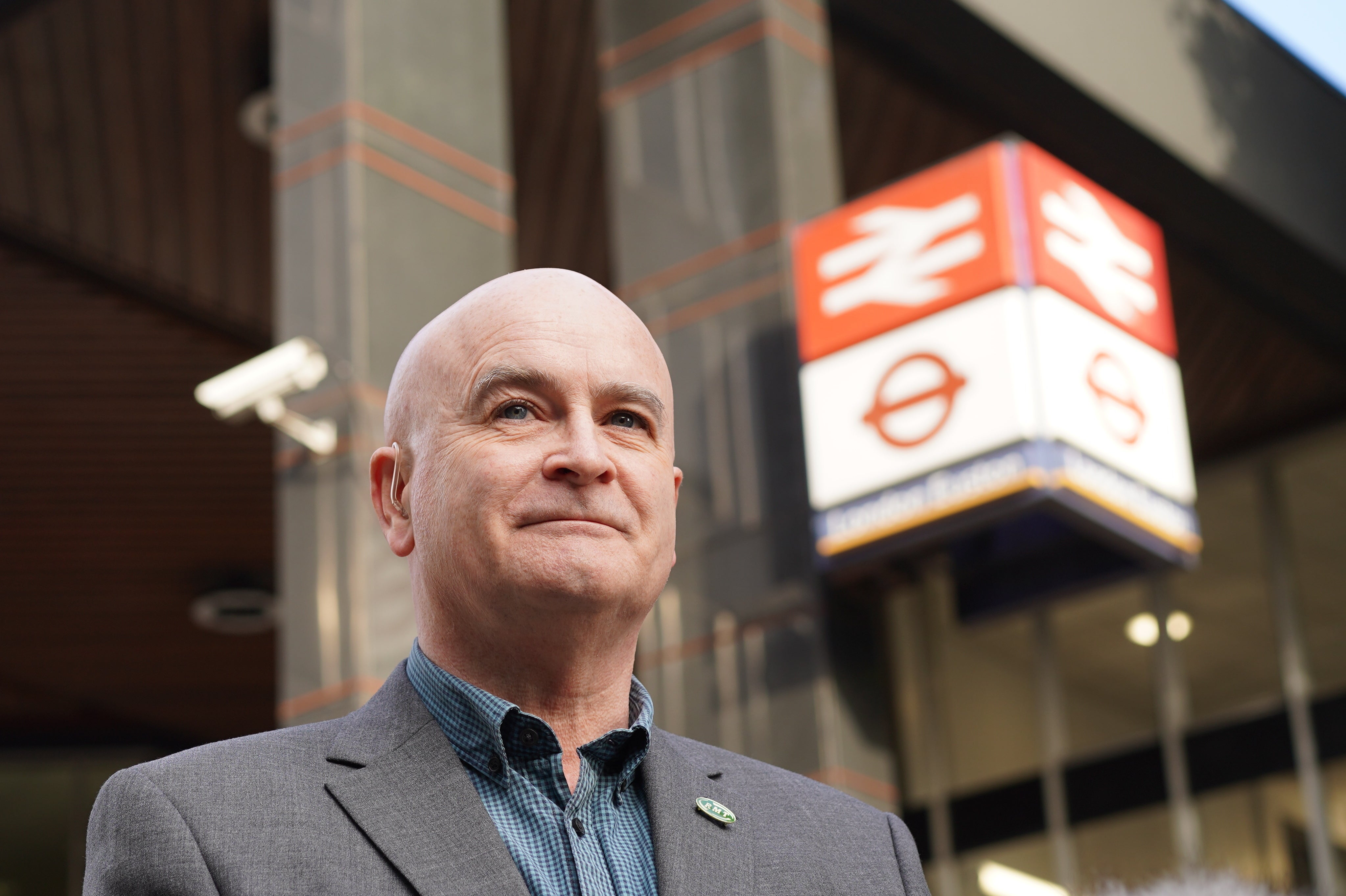 RMT general secretary Mick Lynch on a picket line outside Euston station in London (PA)