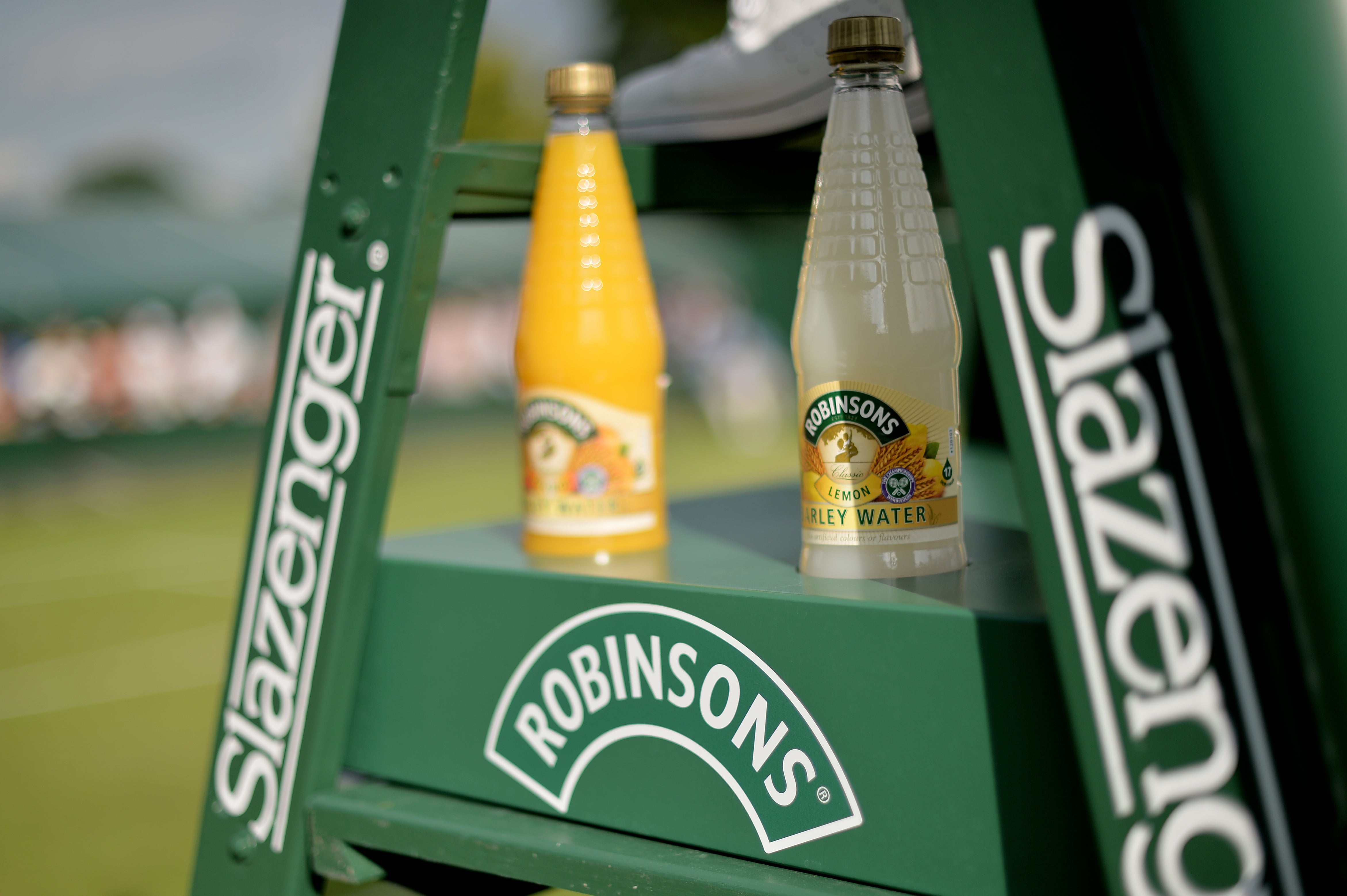 Bottles of Robinsons juice can be seen on the Umpire’s chair at Wimbledon (Anthony Devlin/PA)