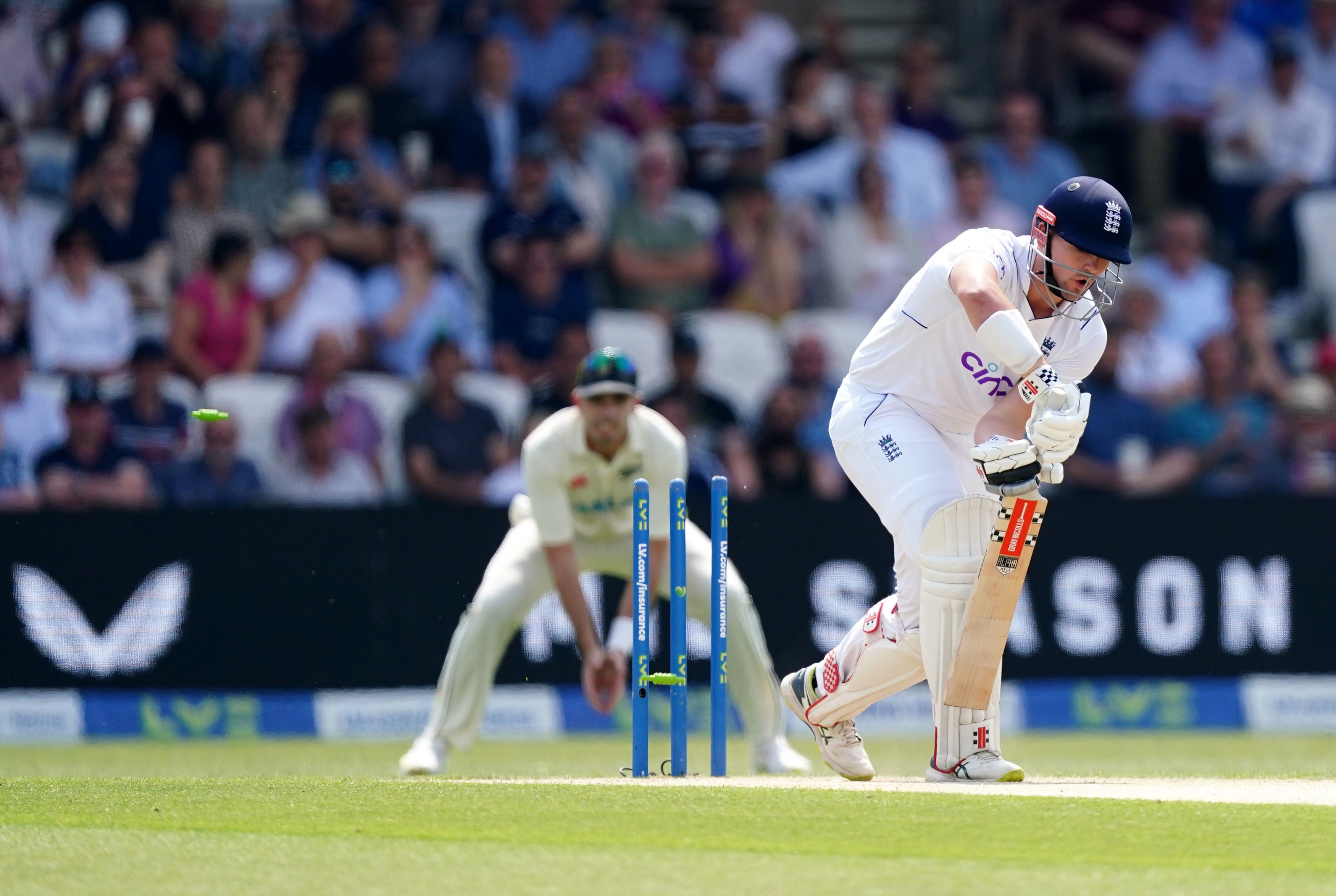 Alex Lees is bowled by Trent Boult