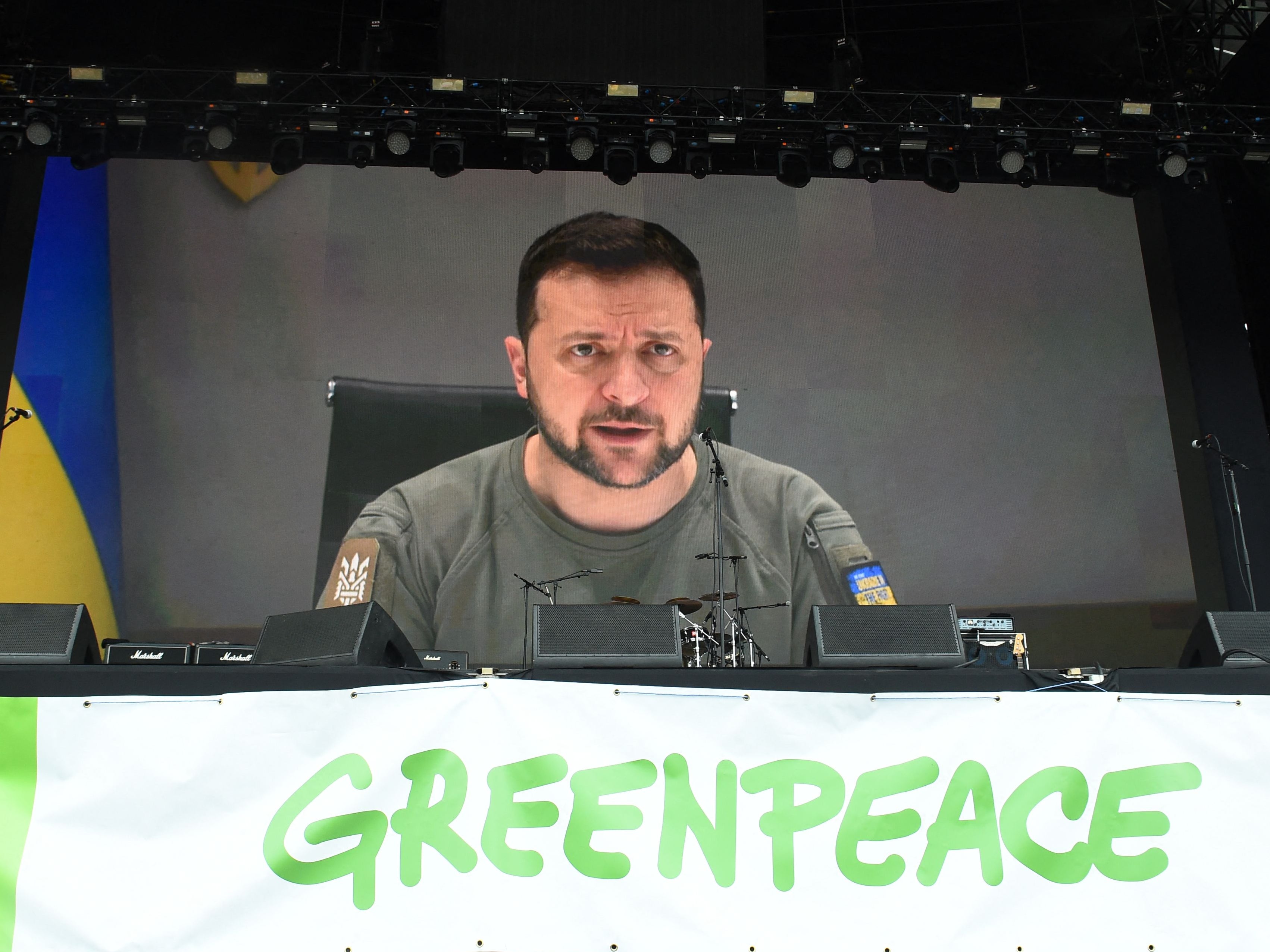 Ukraine’s President Volodymyr Zelensky addresses festivalgoers via a video link during Glastonbury festival