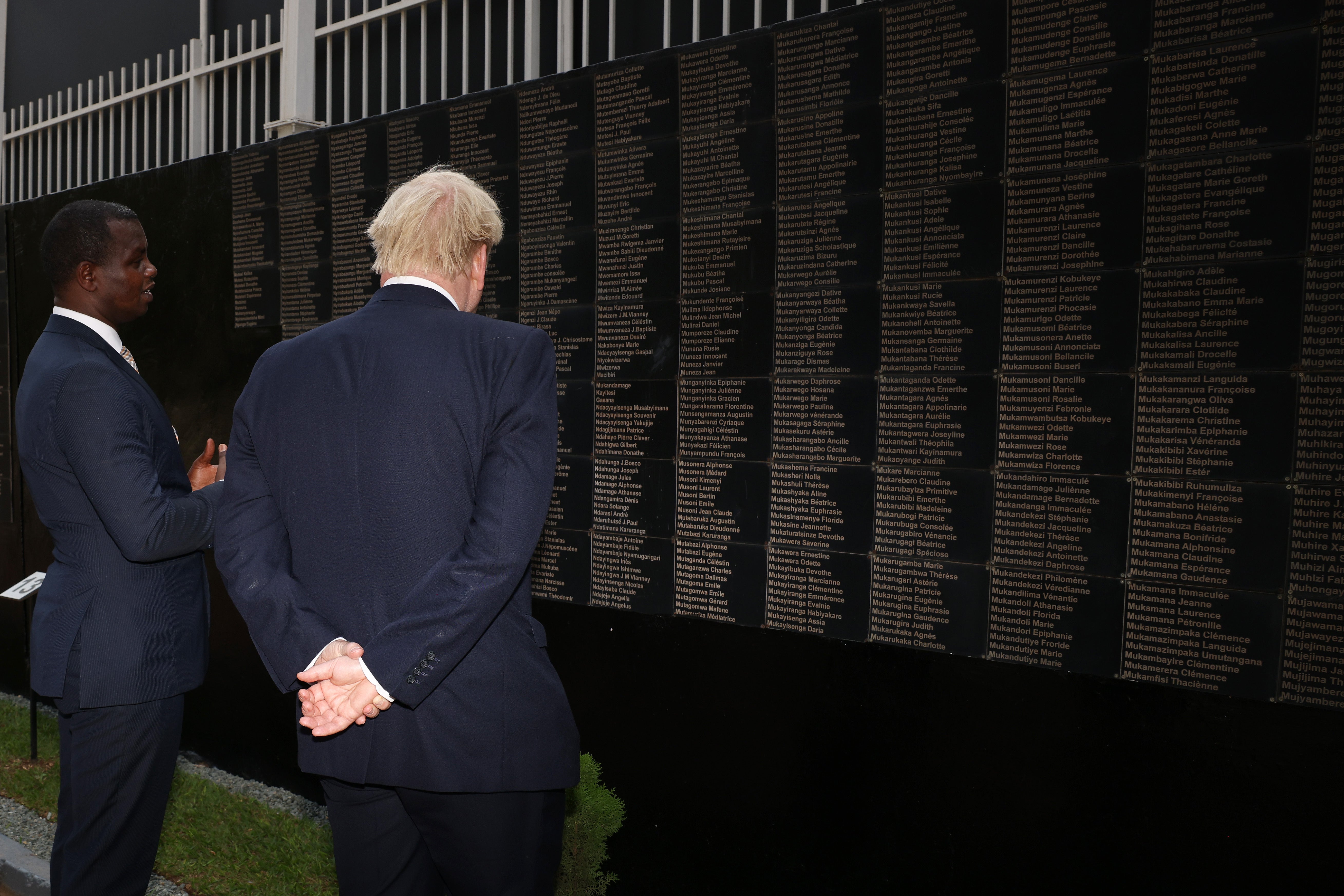 Prime Minister Boris Johnson with Freddy Mutanguha (left), executive director for the Aegis Trust at the Kigali Genocide Memorial (Dan Kitwood/PA)