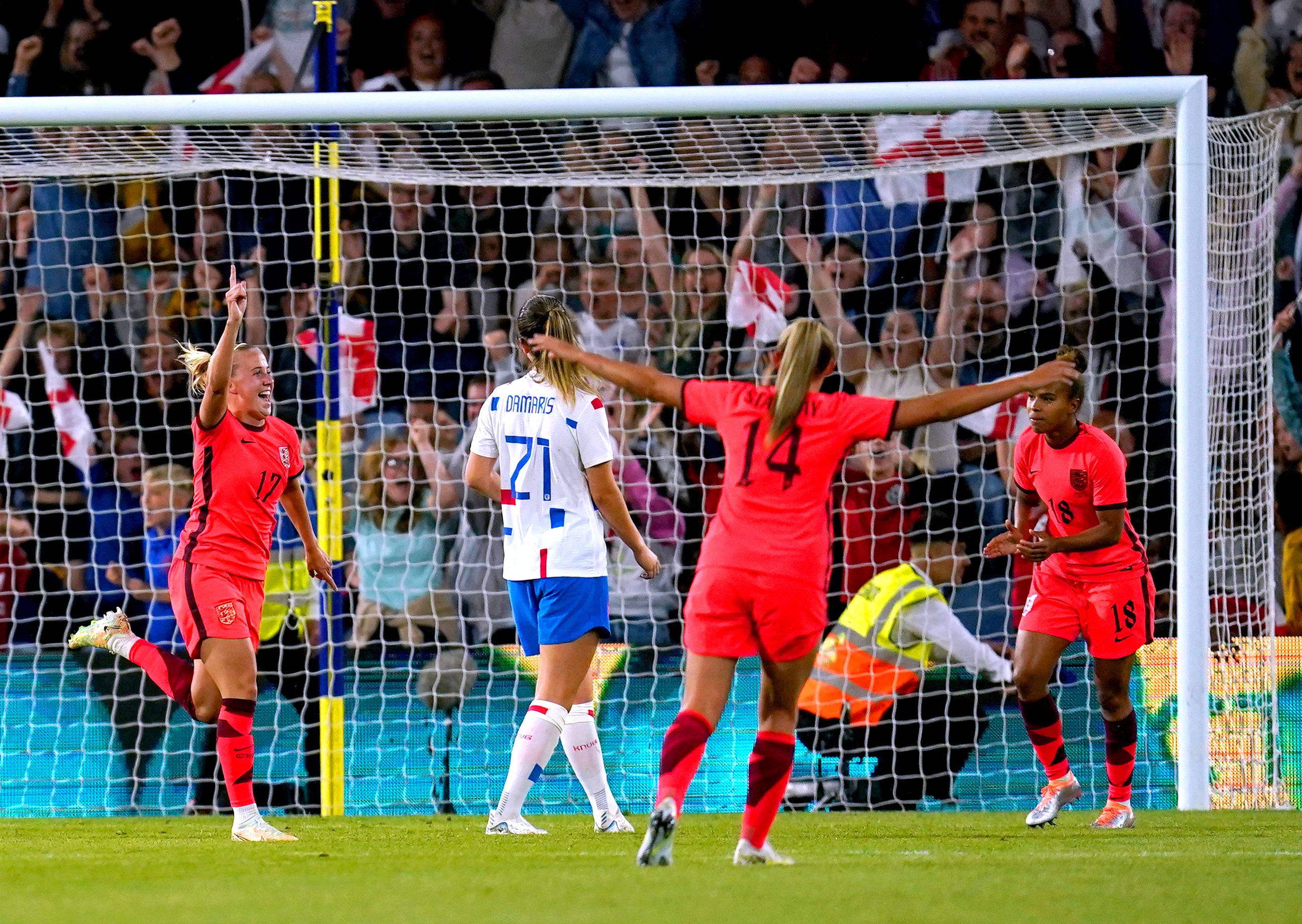 Beth Mead (left) celebrates her second goal of the evening (Nick Potts/PA)