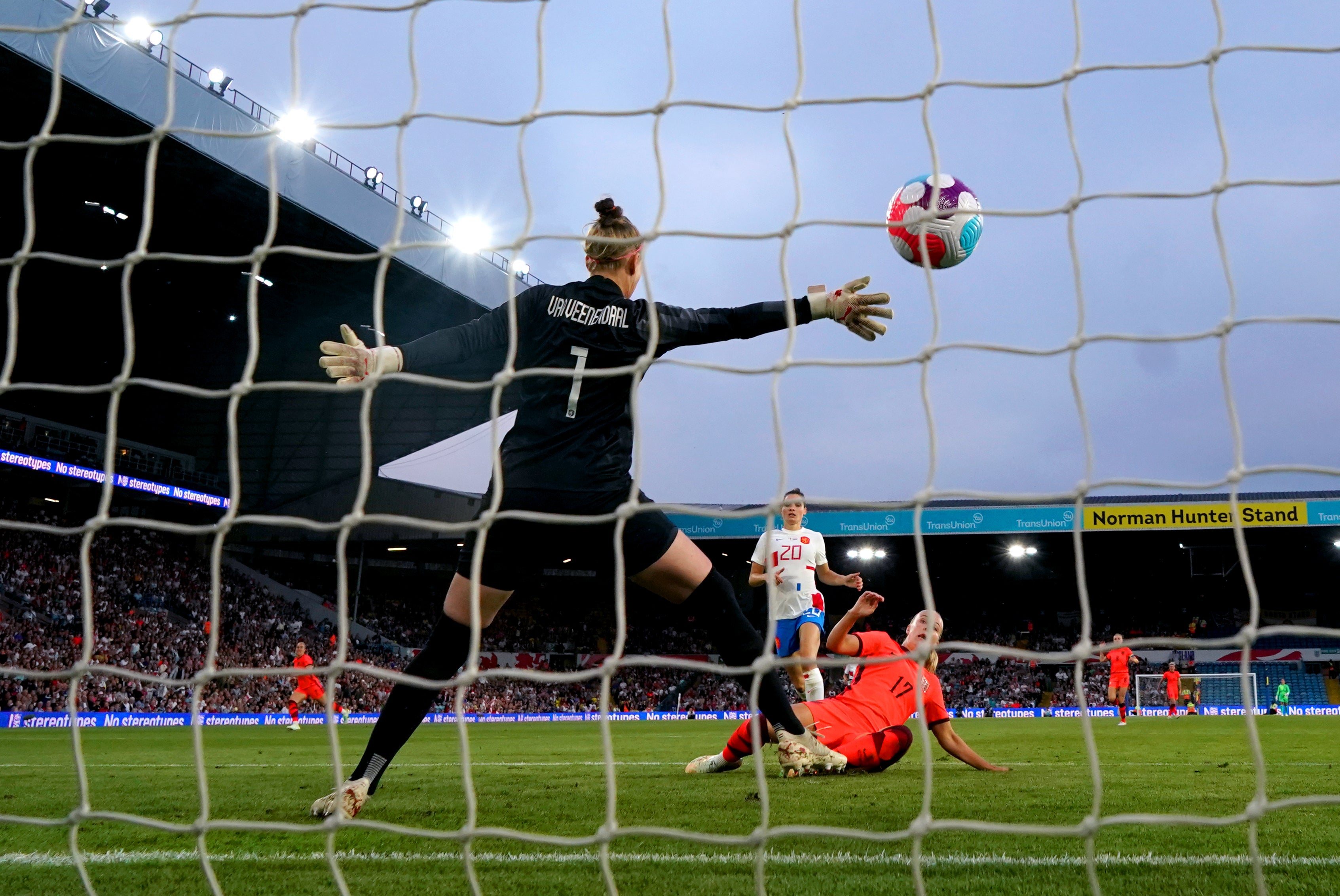 Beth Mead scores England’s second goal against the Netherlands on Friday (Nick Potts/PA).