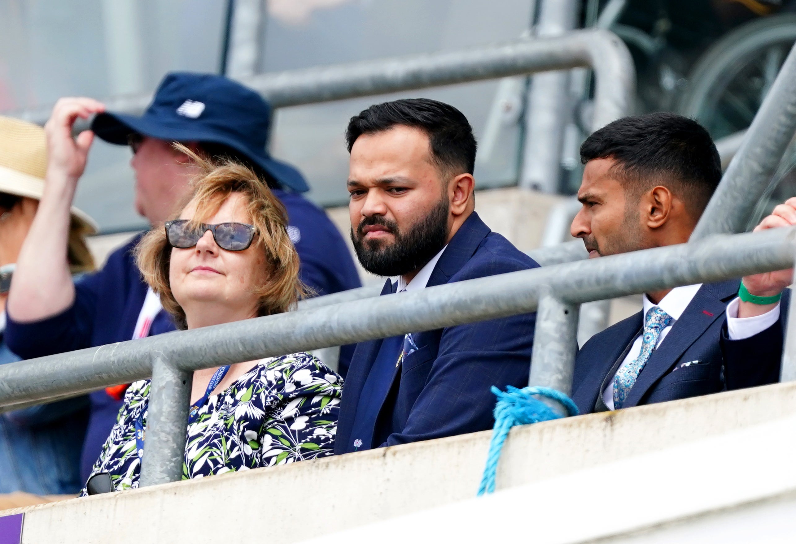 Azeem Rafiq (centre) takes in the third Test at Headingley. (Mike Egerton/PA)