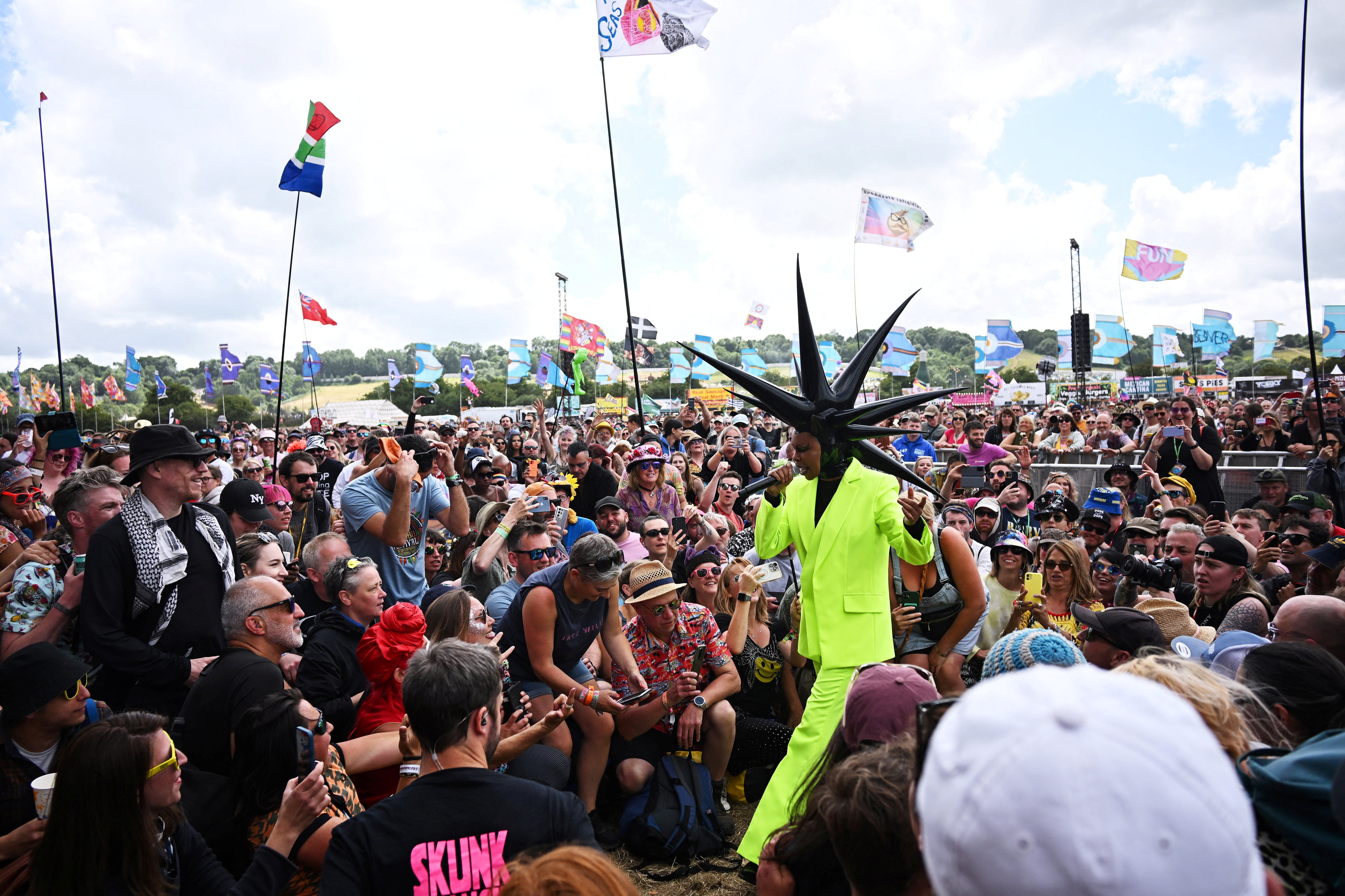 Skunk Anansie singer Skin performs in the crowd on the Pyramid stage